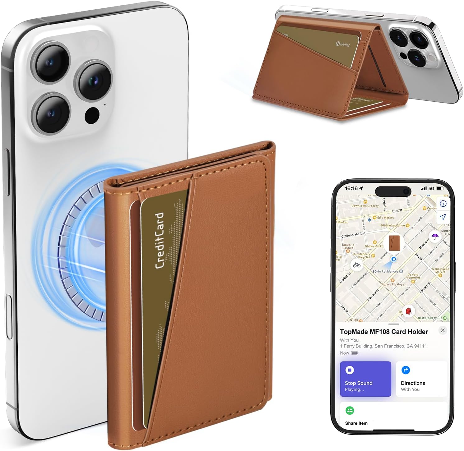 TopMade for Magsafe Wallet, Works with Apple Find My, Magnetic Wallet for iPhone 17/16/15/14/13/12 Series, Leather Trifold Magnetic Card Holder with Tracker, RFID Blocking, 7 Cards Holder, Brown