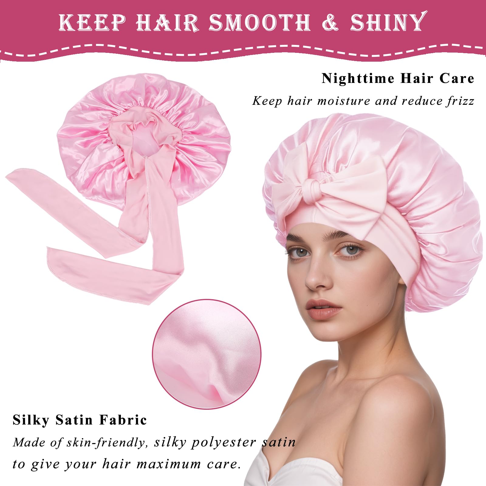 Loomify 2 Pezzi Cuffia Seta Capelli Notte, Bonnets Seta per Capelli Ricci, Cuffia Capelli Ricci Notte per Dormire, Cuffie di Seta con Laccetti per Donna Ragazza (Nero/Rosa)