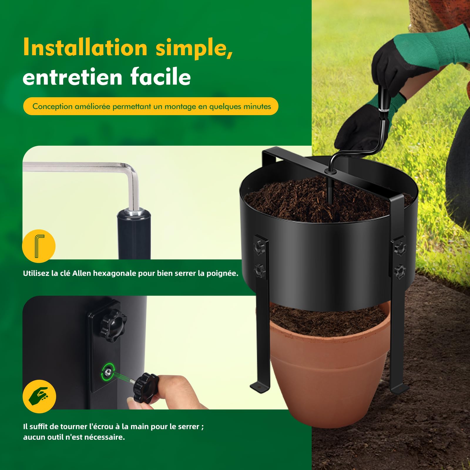 Rotierendes Sieb, manuell, für Garten, Kompostsieb, 33 cm (13 Zoll), mit 4 austauschbaren Sieben (3/6/9/12 mm), modernes Gartenbausieb