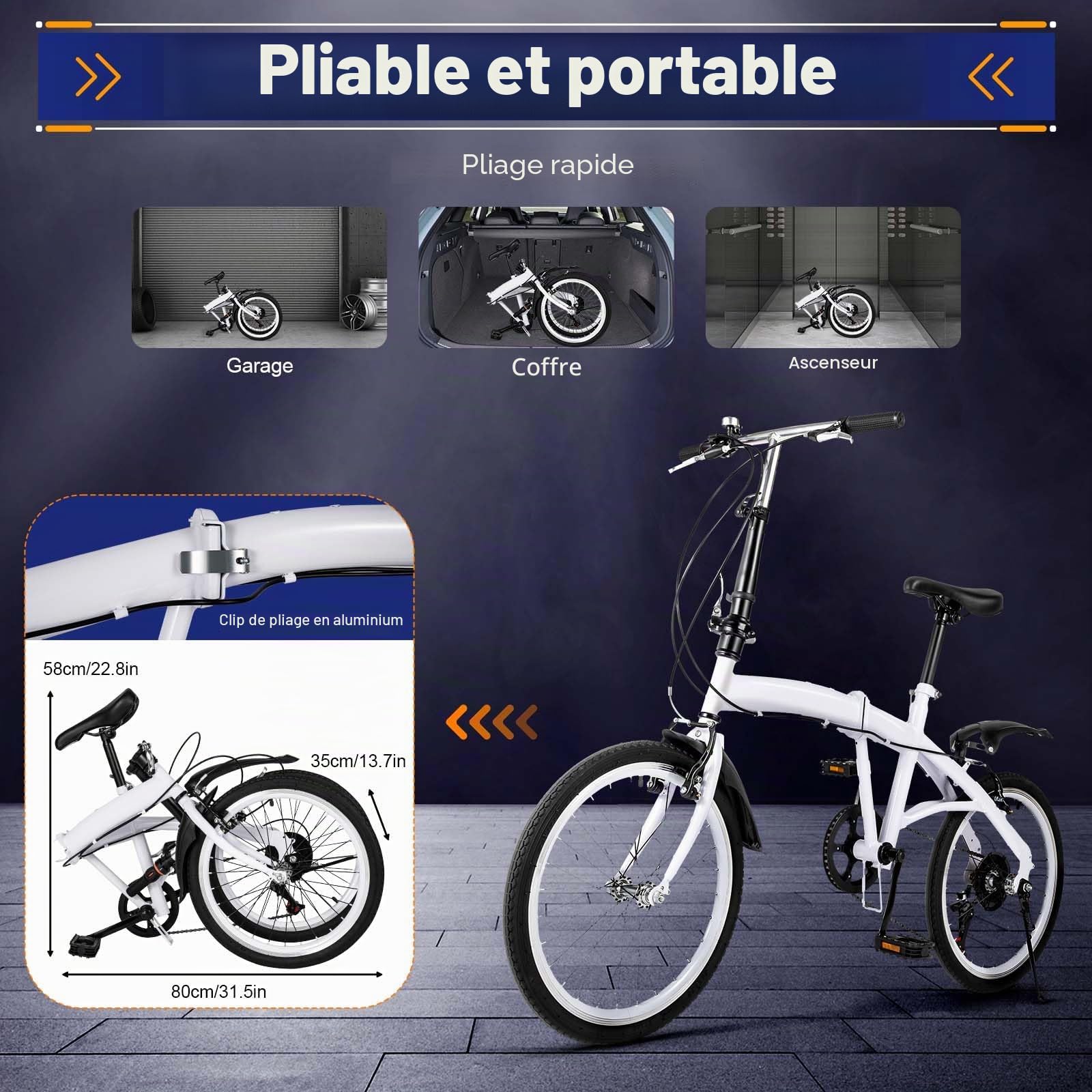 MccoMMon Vélo pliant 20 pouces pour adultes, 6 vitesses réglables, vélo de ville de camping, vélo pliant pour hommes et femmes, vélo de navette pour le plein air, blanc