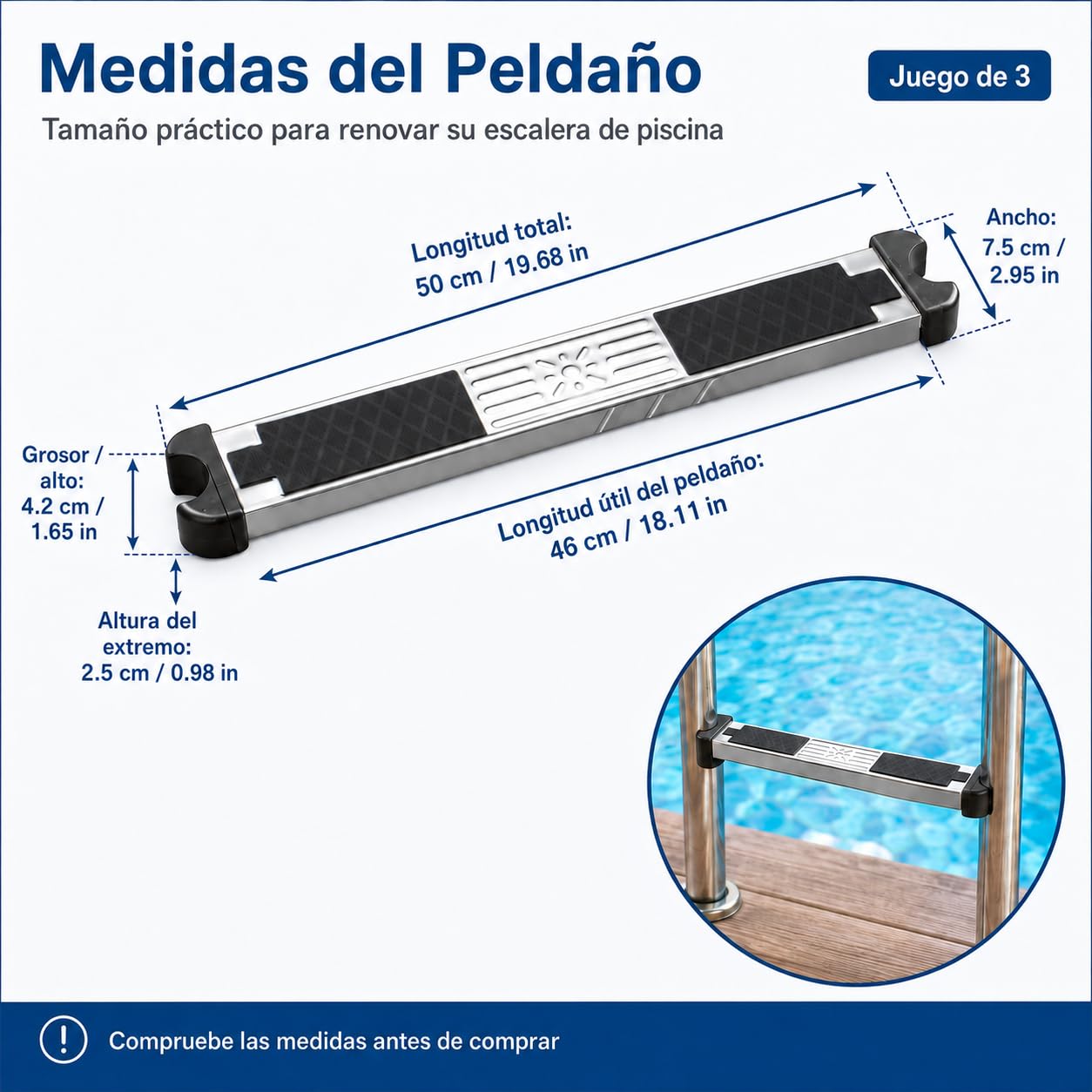 Pack de 3 Peldaños de Recambio para Escalera de Piscina