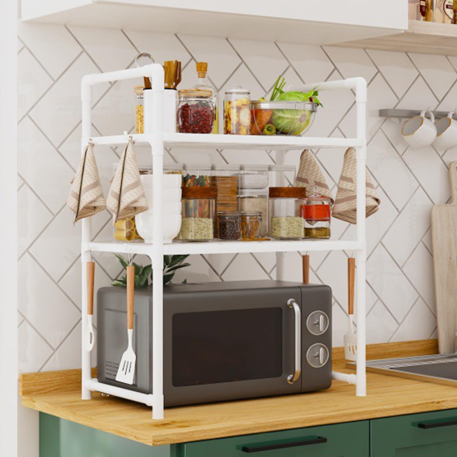Étagère de Four à Micro-Ondes, étagère avec Crochets, Organiseur de comptoir de Cuisine – Étagère de Rangement Utilitaire réglable et Robuste pour la Cuisine