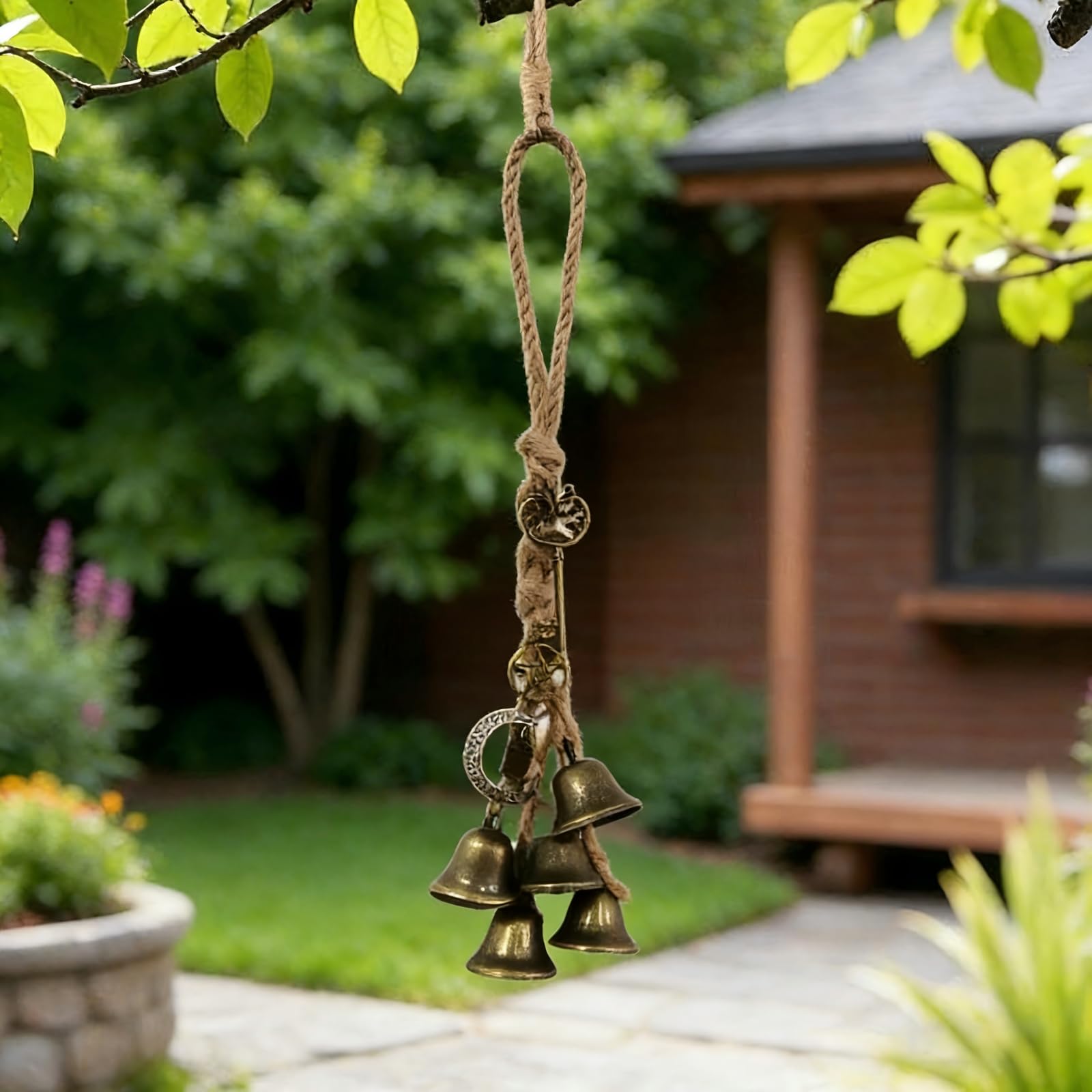 Fworuais Brown Witches Bells Handmade Hanging Witch Bells Witch Decor Hanging Wind Chimes Witchcraft Wind Bell For Porch Garden Window Decoration (6 Bells)