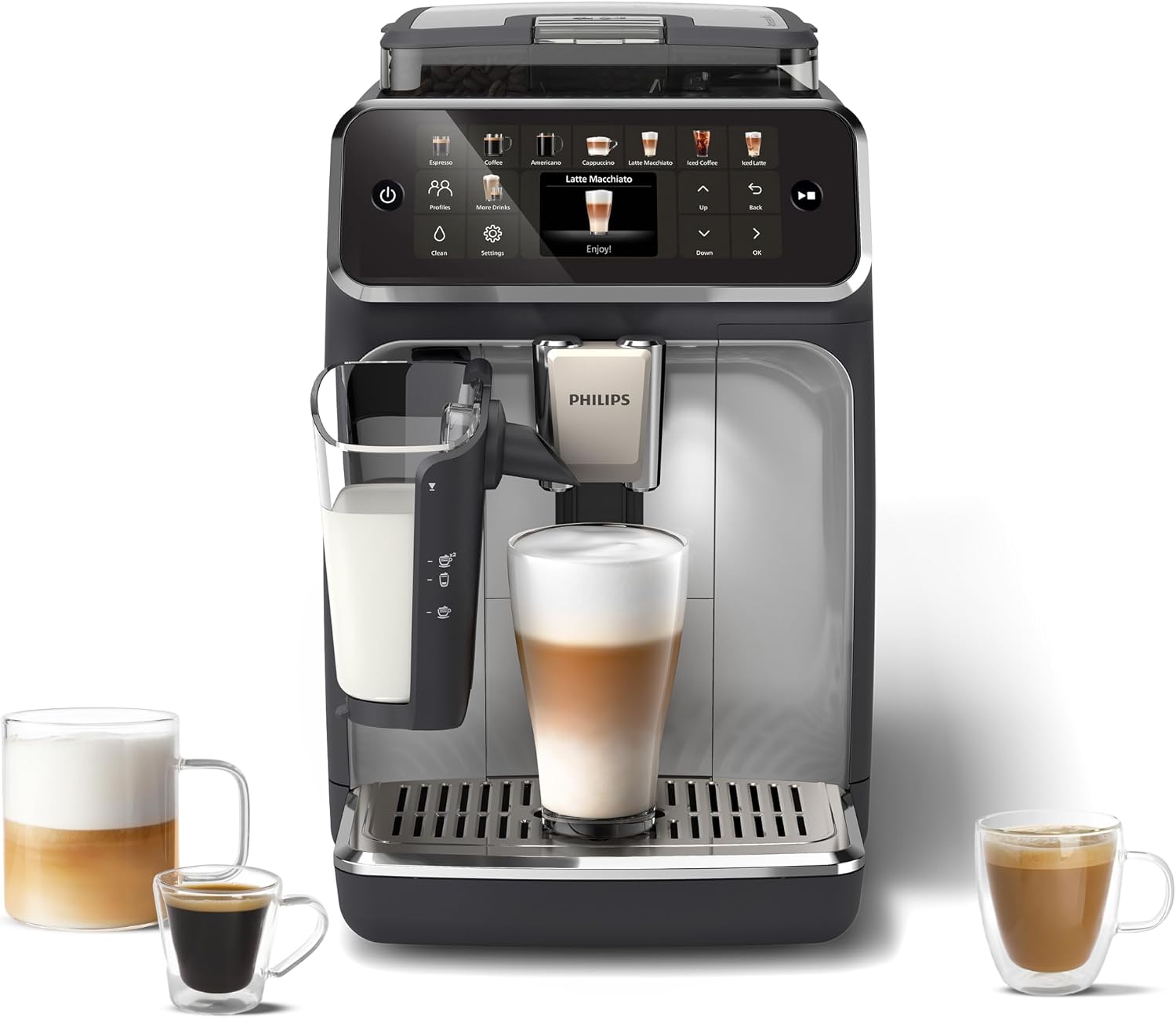 Philips w Pełni Automatyczny Ekspres do Kawy z Serii 5500-20 Kaw Gorących i Mrożonych, Szybki w Czyszczeniu System Mleczny LatteGo, Technologia SilentBrew, QuickStart Czarno-Srebrny (EP5546/70)