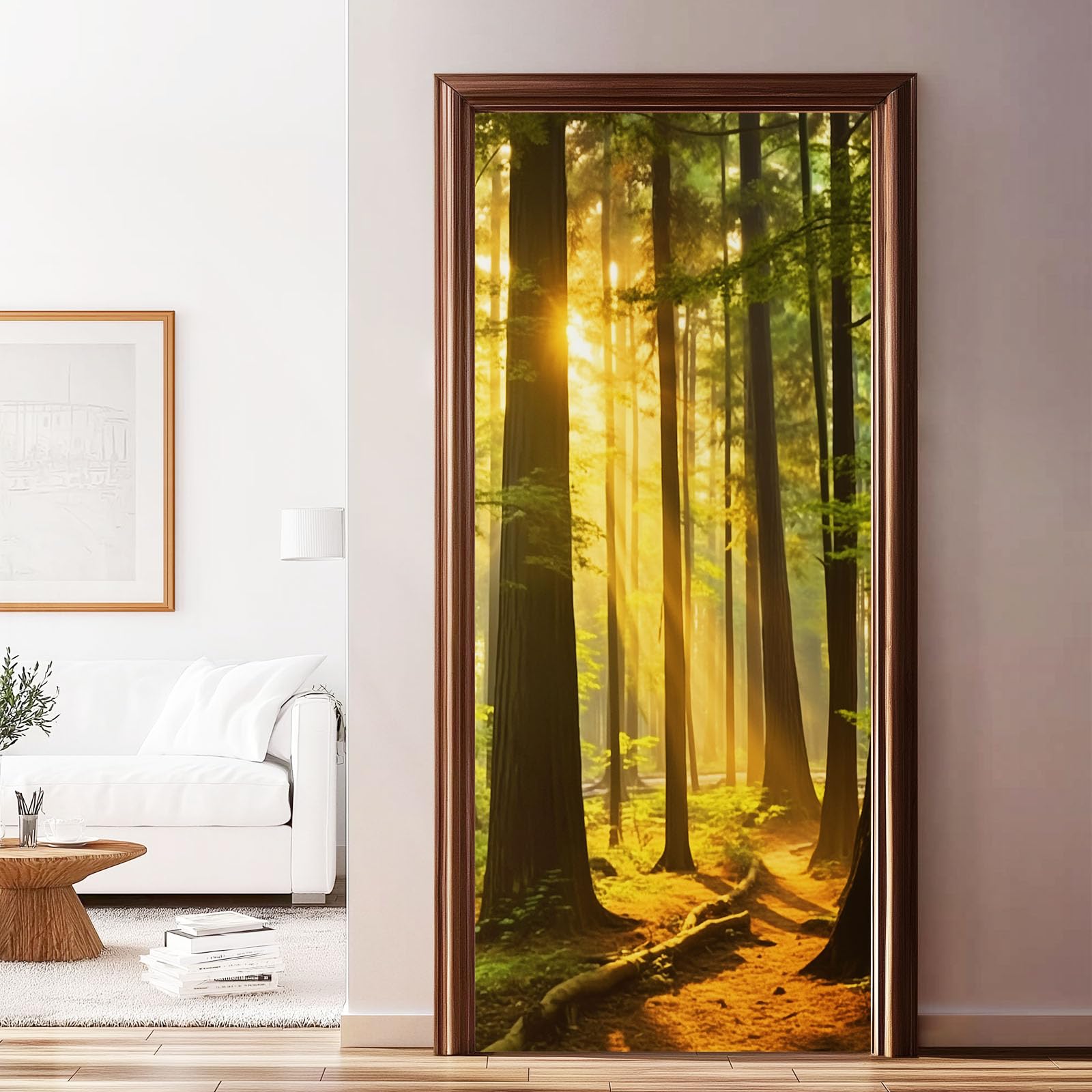 Adhesivo decorativo para puerta de naturaleza, 95 x 215 cm, póster de puerta, autoadhesivo, adhesivo de pared, bosque, árboles de luz del sol, para dormitorio, salón, cocina, cuarto de baño, verde