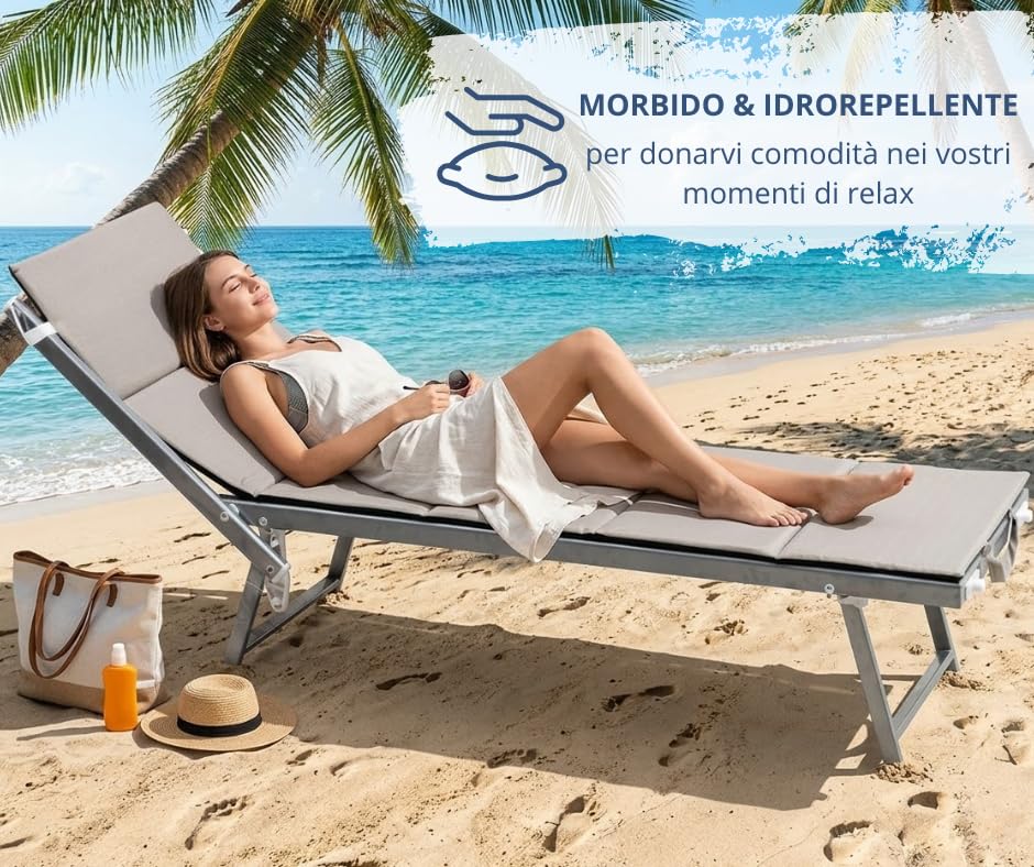 SET 2 PEZZI Materassino Prendisole Pieghevole Cuscino Imbottito per Sdraio Poltrona Relax Lettino Spiaggia Trasportabile Salvaspazio Resistente Acqua Sabbia Misura 58x190 cm Mod. Fisar Colore Beige