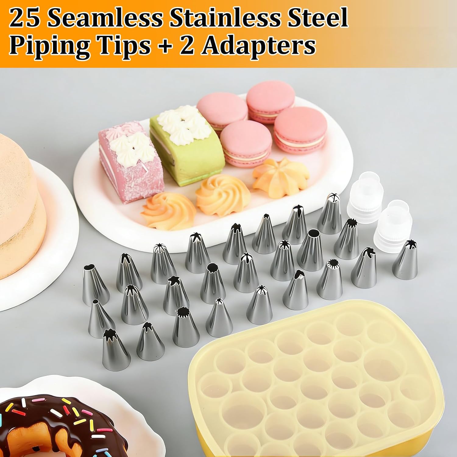 Piping Tip Organizer 27 Grids Storage Box with 25 Seamless Piping Tips, 2 Adapters & Silicone Mini Tongs - Baking Supplies Storage for Cake Decorating Tools & Stainless Steel Nozzles(Yellow) image 4