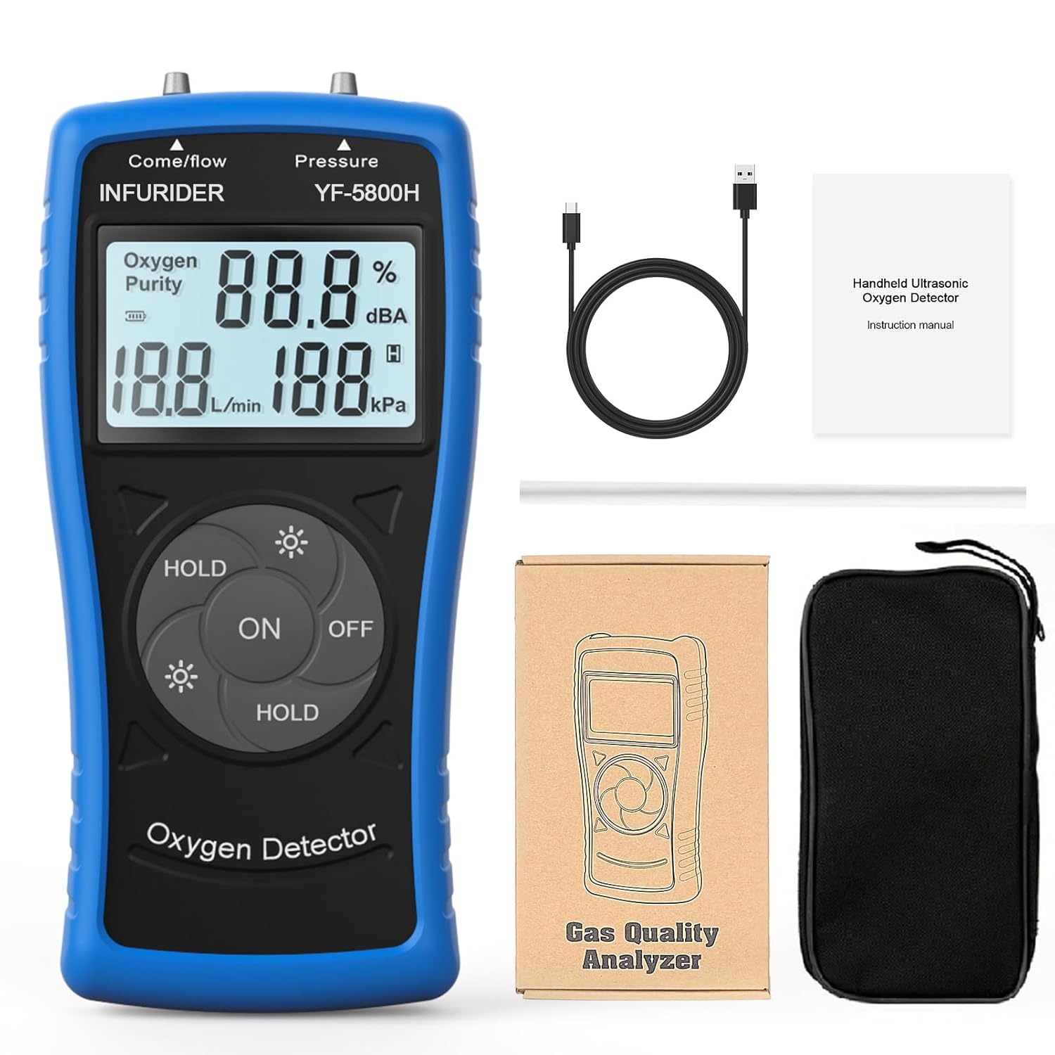 Gas Detector Oxygen Detector, YF-5800H Ultrasonic Oxygen Detector for Oxygen Concentration Pressure and Flow, Handheld Natural Gas Detector for PSA Oxygen Concentrator, Data Hold Gas Meter