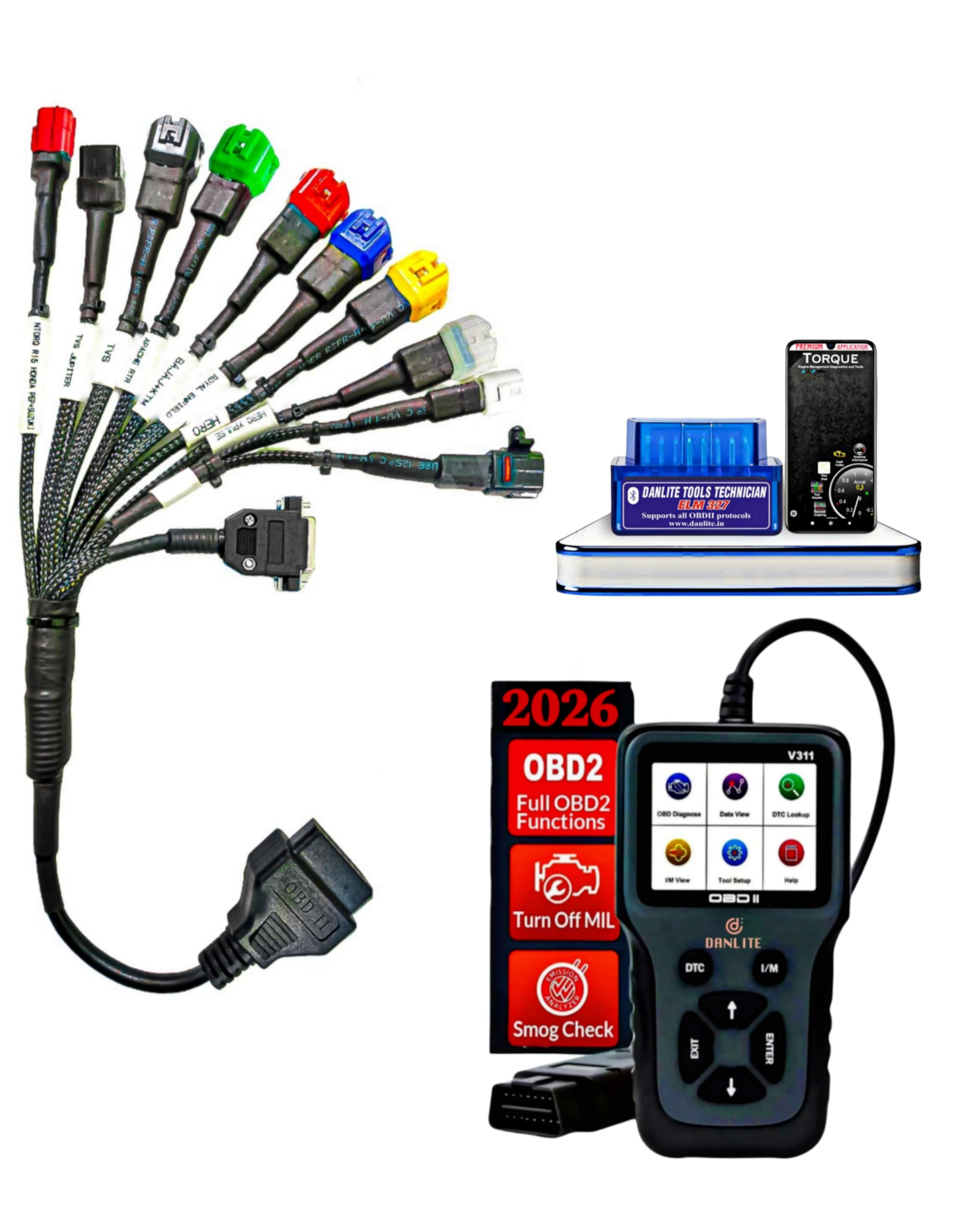 DANLITE TOOLS TECHNICIAN Bs6 Bike Cable 11 Cord Cable Fast Connectivity with V311 Scanner ELM OBD Scanner Free Continuity Tester — Amazon image 8
