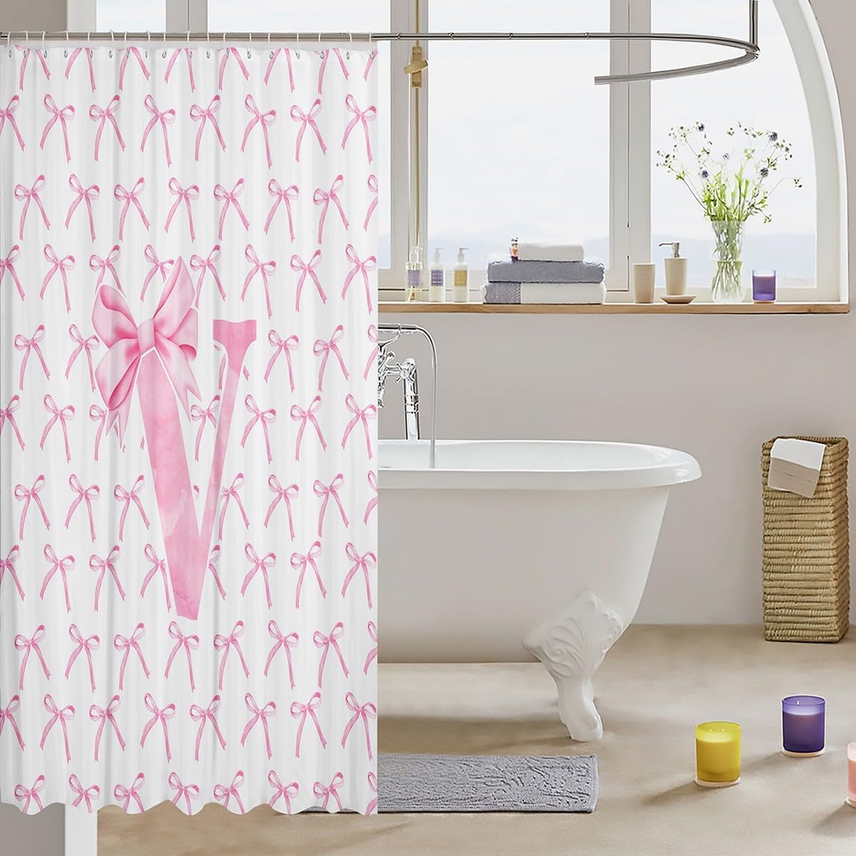Manfei Cartoon Bowknot Kids Shower Curtains,Pink Bow Tie Letter V Knot Princess Girls Women Bathroom Curtains,Watercolor Bow Patchwork Pink White Waterproof Curtains,12 Hooks Suits,72" W x 78" L