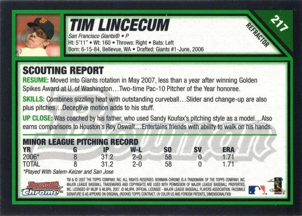 2007 Bowman Chrome Refractor Baseball #217 Tim Lincecum Rookie Card