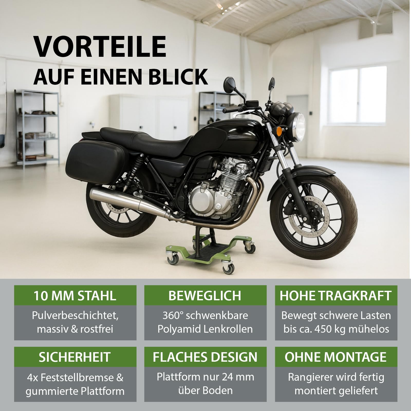 TRUTZHOLM Rangierhilfe für Motorrad mit Hauptständer Tragkraft 450 kg Rangierplatte extra-flach mit 4x Doppenrollen 360° schwenkbar und 4x Feststellbremse Rangierroller 10 mm dicker Stahl in grün