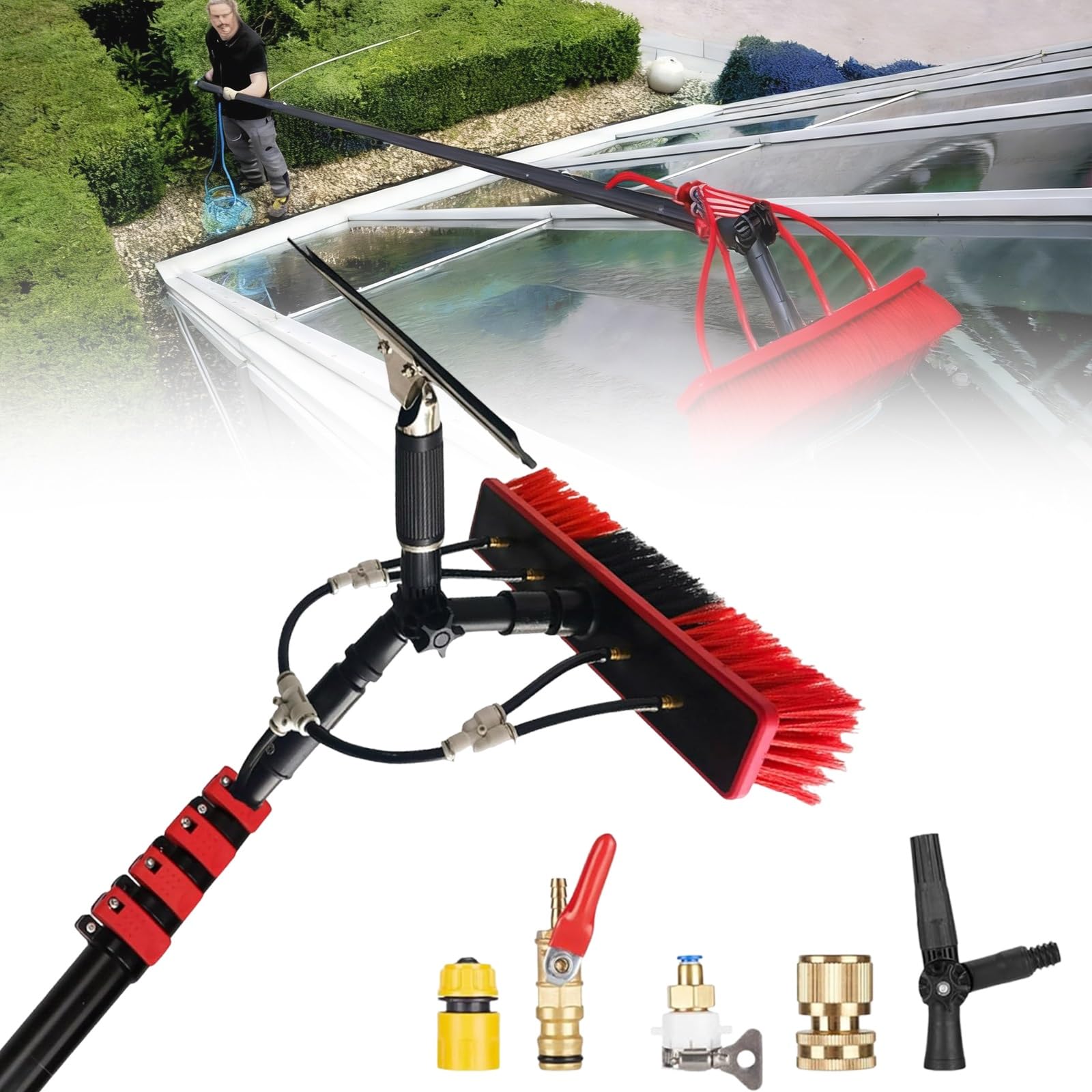 Cepillo telescópico para limpieza - Cepillo con mango telescópico - Limpiador de techos de patio - Pértiga telescópica para limpieza de ventanas - Cepillo para sistemas fotovoltaico(16FT/4.8M)