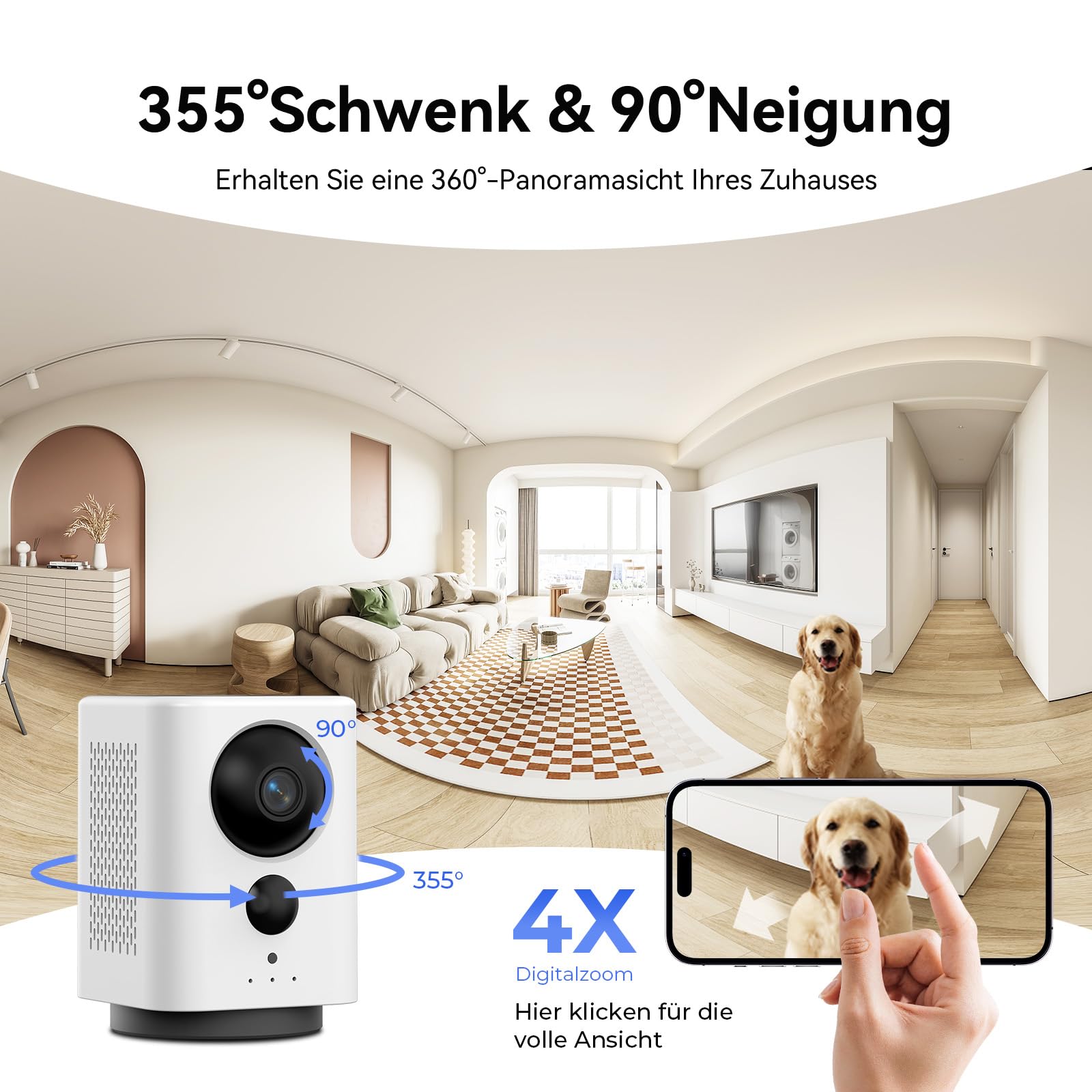 4g LTE überwachungskamera innen mit SIM Karte - 2K 360° PTZ Kamera ohne WLAN mit 7800 mAh Akku, PIR-Bewegungserkennung | Farbnachtsicht | Zwei-Wege-Audio