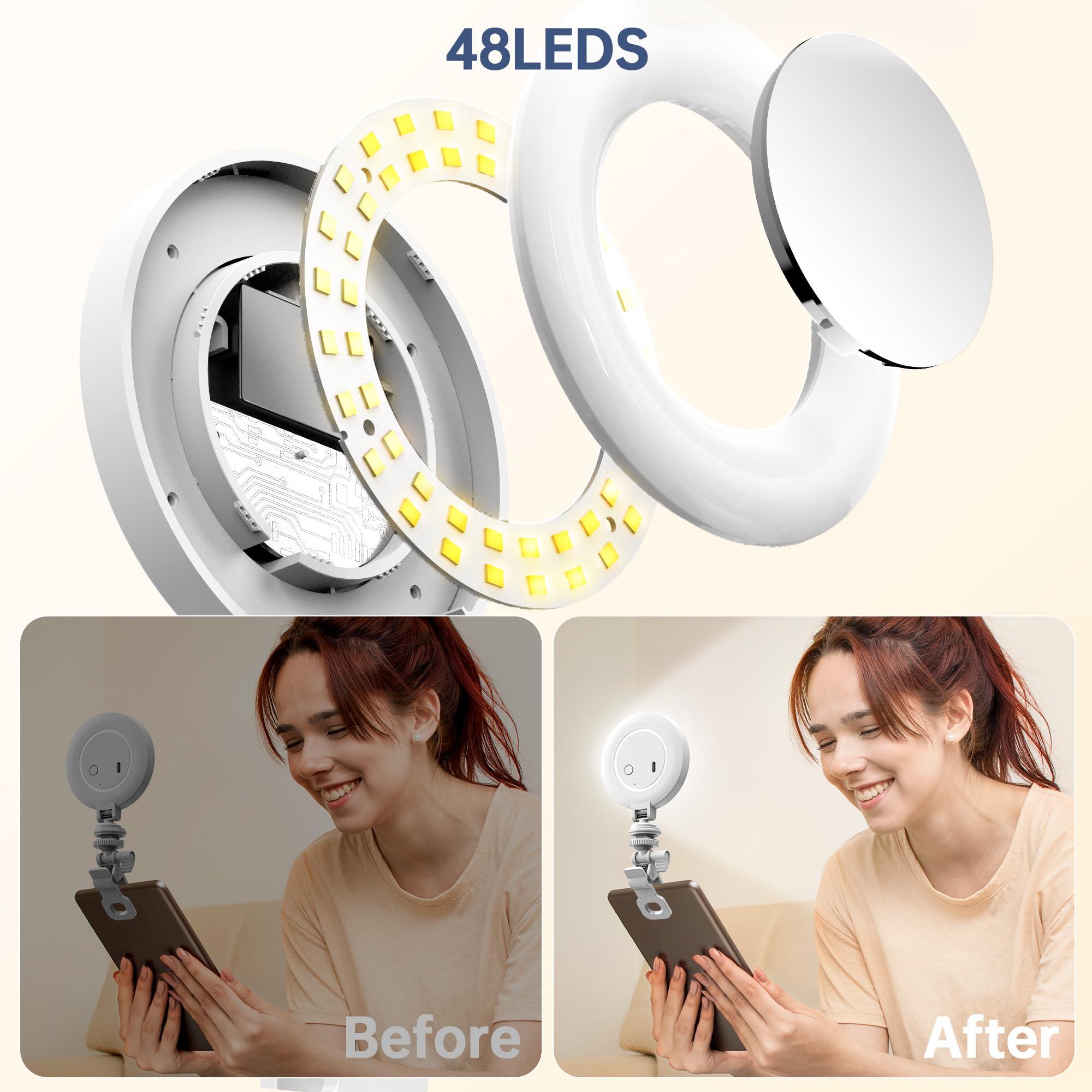 Lampe Selfie LED Avec Clip - 48 LEDs, 3 Modes Lumière - Rechargeable USB-C - Pour Smartphones Et Streaming