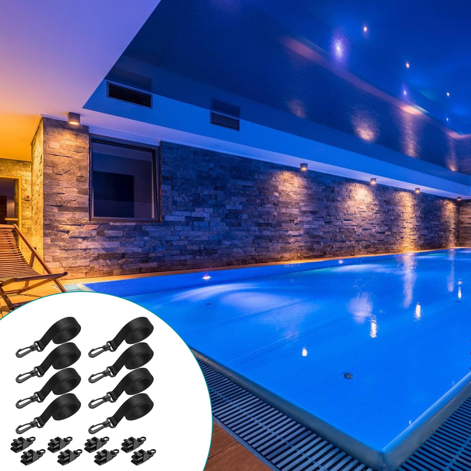Accesorios para enrollar piscinas, juego de 8 bandas de fijación y grapas, bandas de sujeción para láminas de piscina, lámina solar móvil para sistema de enrollado móvil, para lonas de piscina