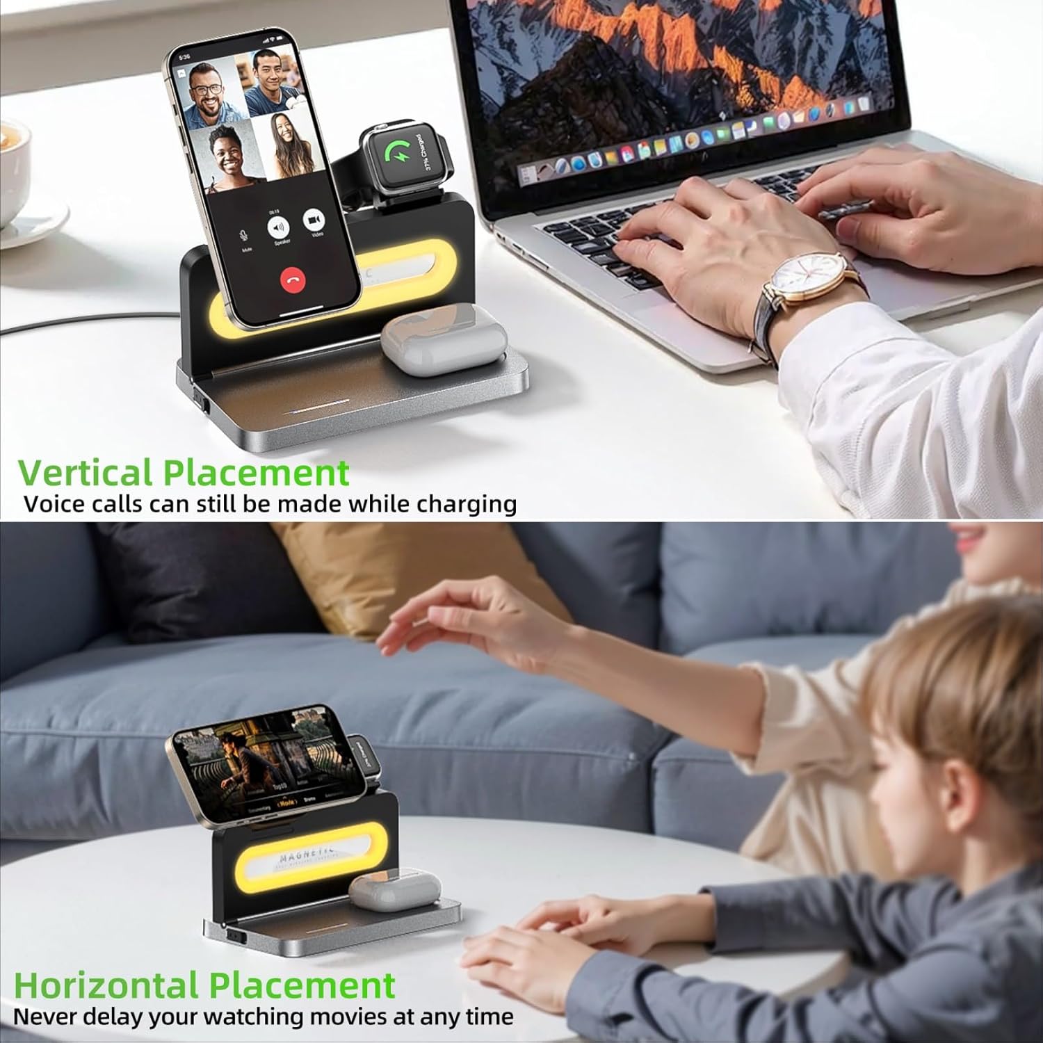 4 in 1 Wireless Charging Station for Apple MagSafe,Magnetic Foldable Wireless Charger Stand for iPhone 17 16 15 14 13 12,Watch, AirPods - Fast Nightstand Charging Dock with Light for Multiple Devices
