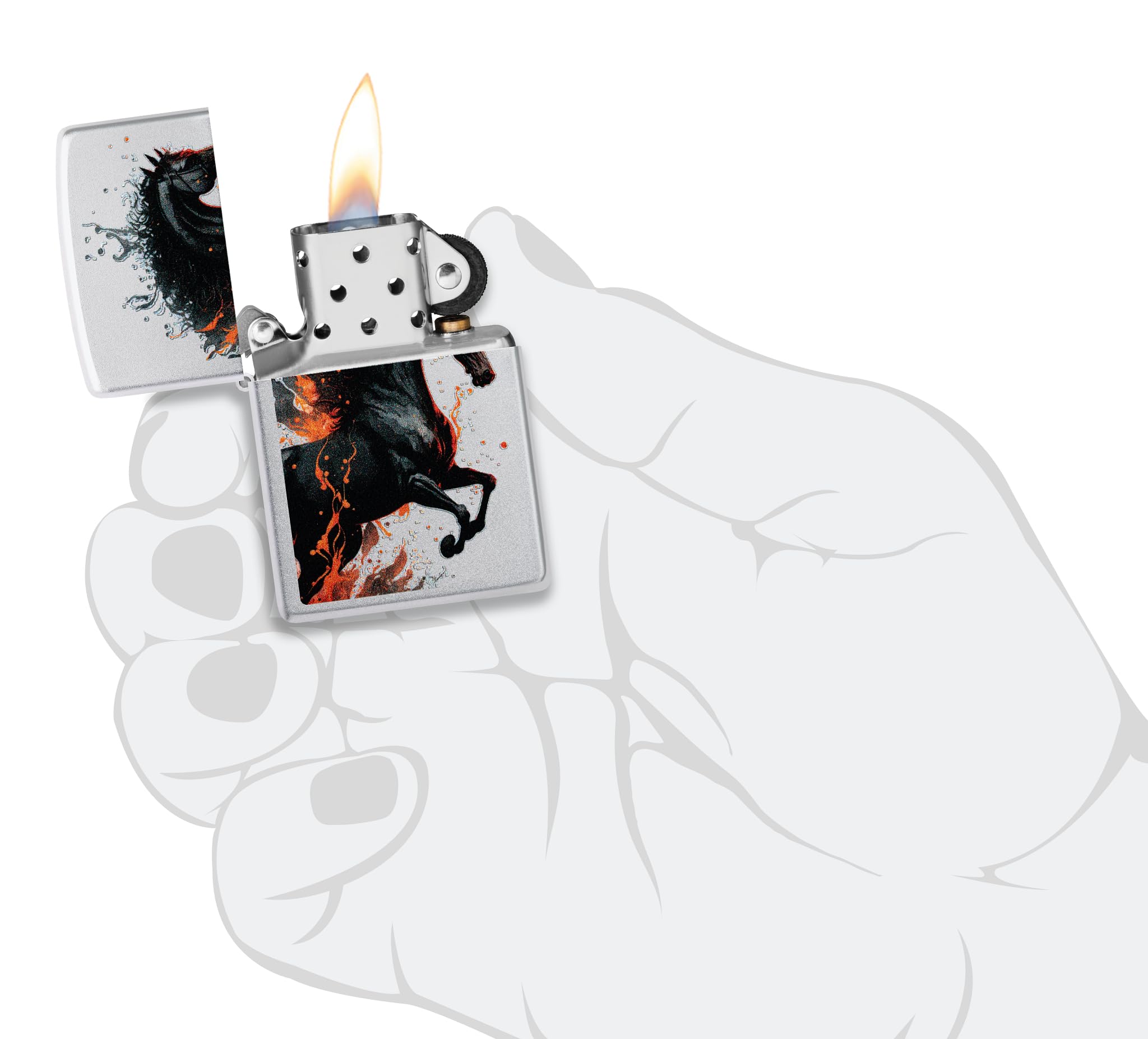 Zippo Sturmfeuerzeug - Fire Horse, Satin Chrome, Color Image - Nachfüllbar - Wiederverwendbar - Windfestes Design - Geschenkbox - Made in USA