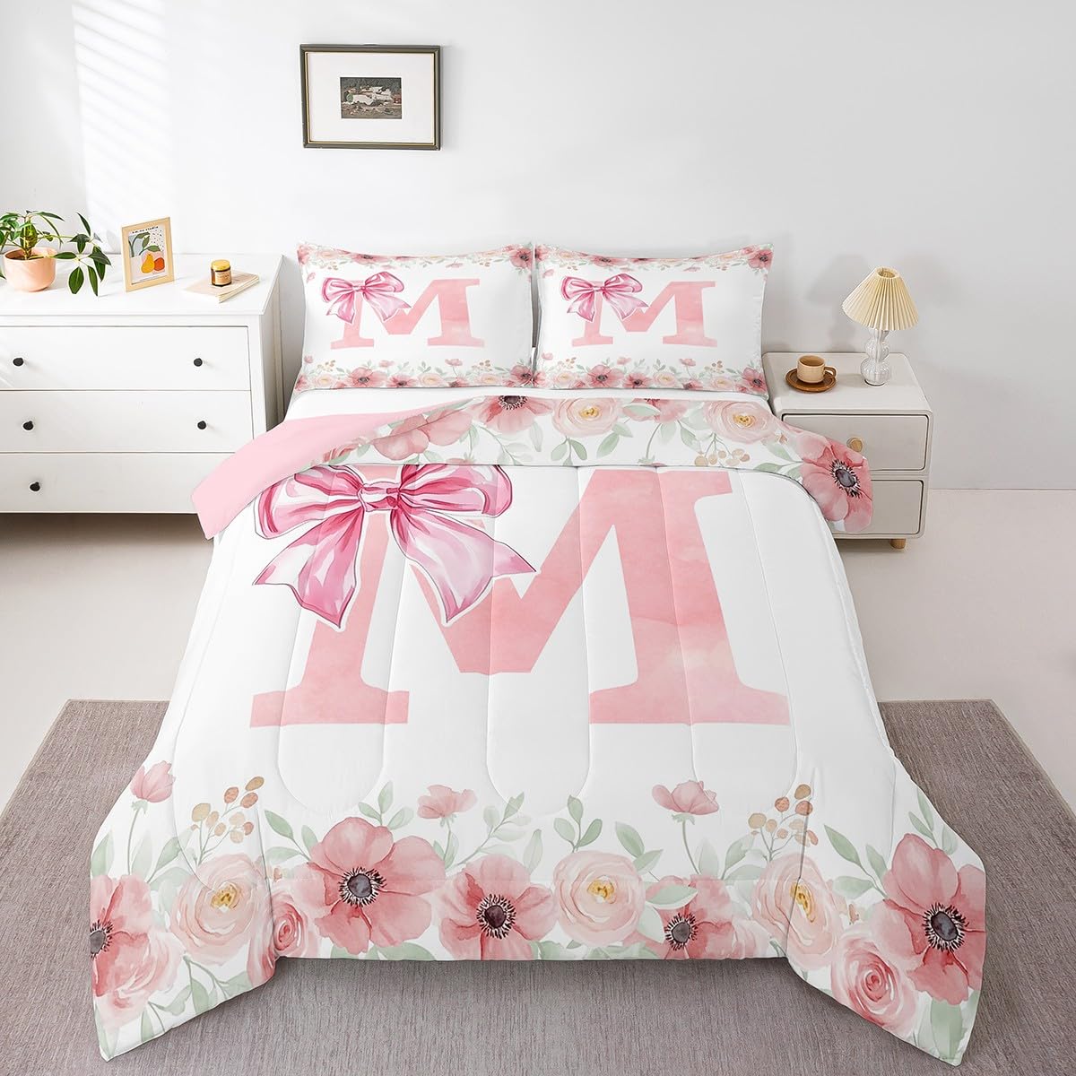 Erosebridal Dreamy Princess Bowknot Twin Bedding Sets, Pink Initial Letter M Comforter Cute Kawaii Letter Bow Bedding Romantic Flower Floral Bowknot