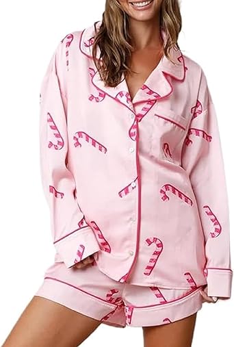 Women Christmas Pajamas Shorts Set Santa Claus Pjs Long Sleeve Button Down Shirt Elastic Shorts Set Loungewear