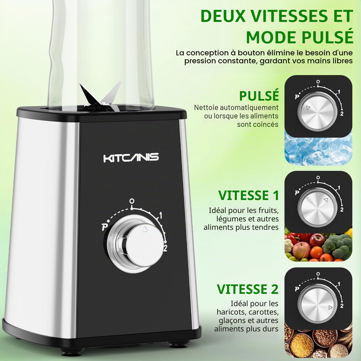 KITCANIS Mini Smoothie Maker 3 en 1, Mixeur électrique 800W, 3 vitesses réglables 2 bouteilles portables de 600 ml et 300 ml tasse de broyage pour glace, fruits, légumes, noix