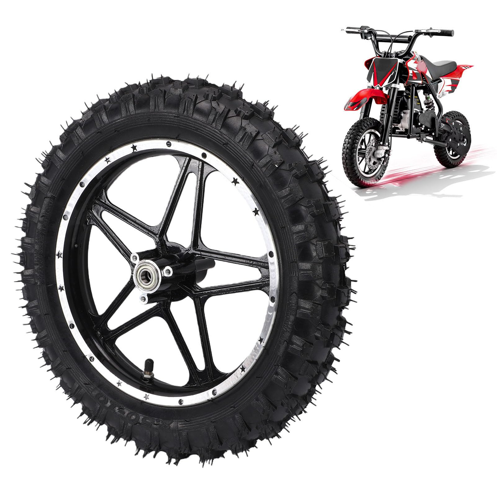 Fockety Zespół Opony do Felgi, 2,5 10 Cali 12 Mm wał 2,50-10 Zespół Opony do Koła Roweru Terenowego Mini Kieszonkowych kół Motocyklowych Obręcz Dętki Opona Pit Dirt Bike Parts (Tył)