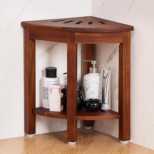 Miniatura 5 de HouseJoy Banco de ducha esquinero con estante, taburete de ducha de esquina de 16.5 pulgadas de alto para afeitarse las piernas, reposapiés de