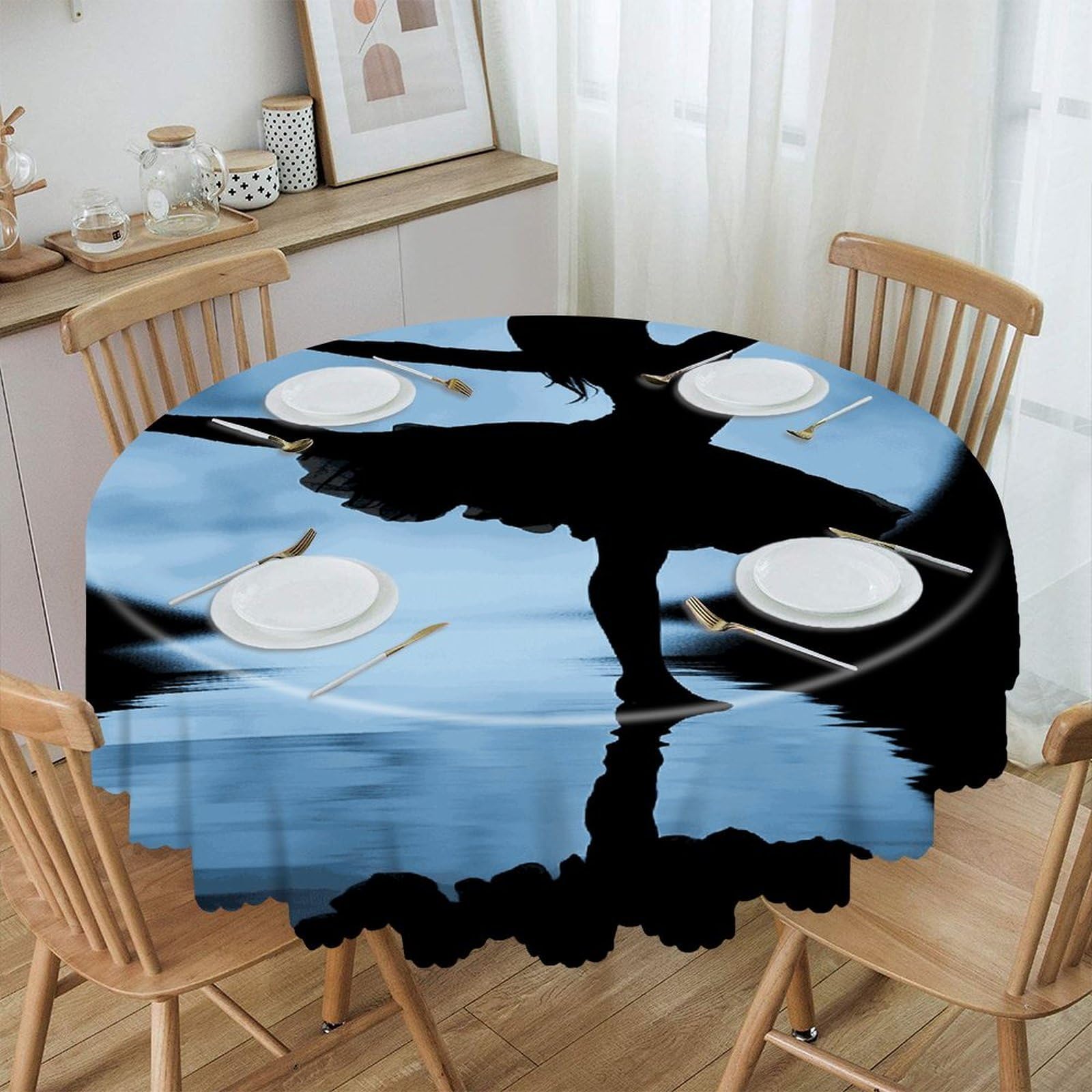 VstaDank Ballet Girl Silhouette Round Tablecloth Wipeable Round Polyester Tablecloth Waterproof Wrinkle Free Indoor and Outdoor Table Cover 60 Inch Decorative Farmhouse Table Cloth for Dining