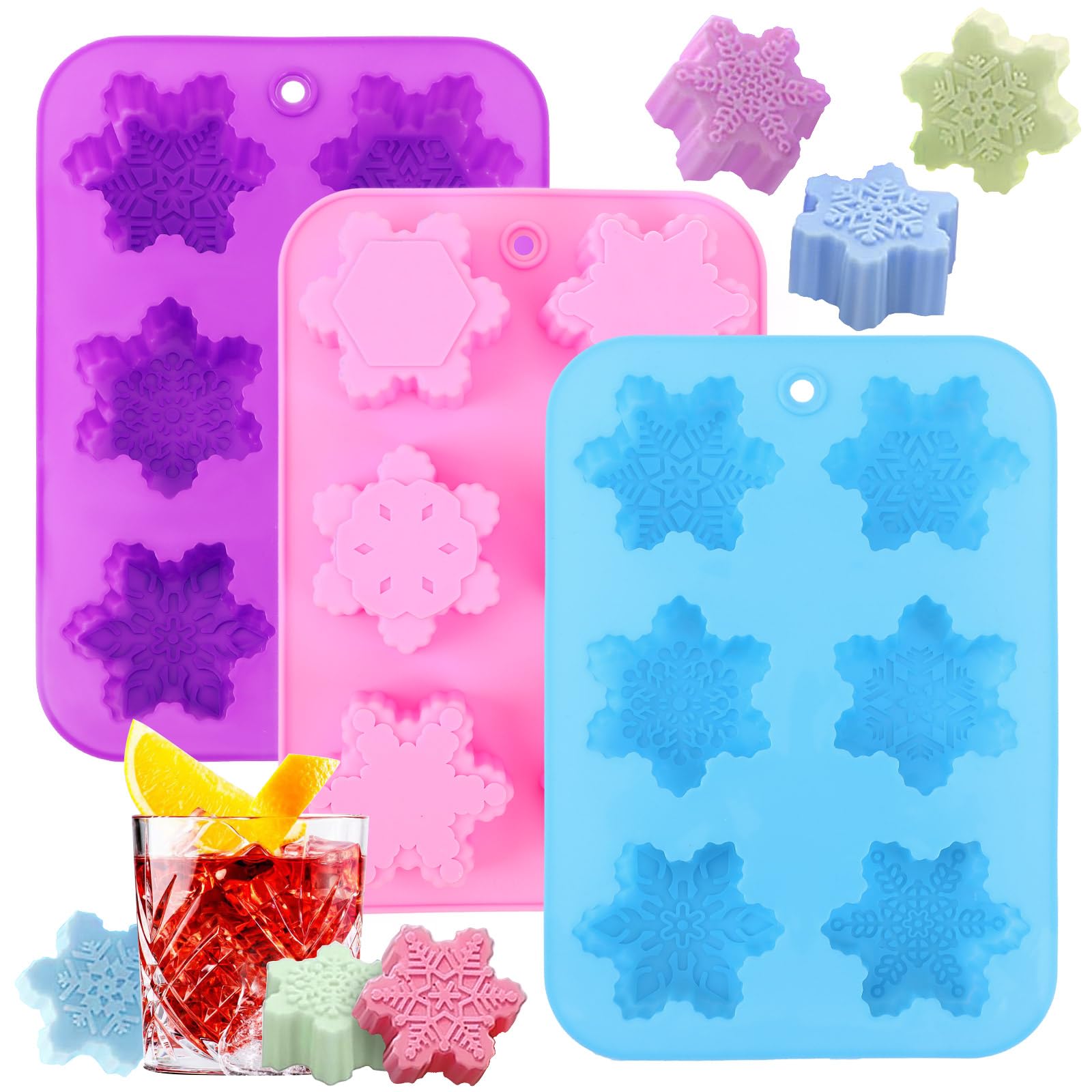 Moldes de copo de nieve, 3 bandejas de silicona de Navidad para tartas, copos de nieve 3D, reutilizables, antiadherentes, moldes de chocolate para Navidad, magdalenas, gelatina, cubitos de hielo,