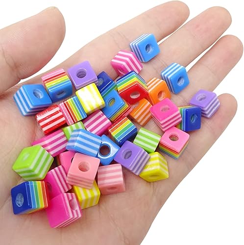 Miniatura 6 de Honbay 200 cuentas de rayas de resina coloridas, cuentas cuadradas de rayas de arco iris, cubo de colores mixtos, cuentas acrílicas para aretes,