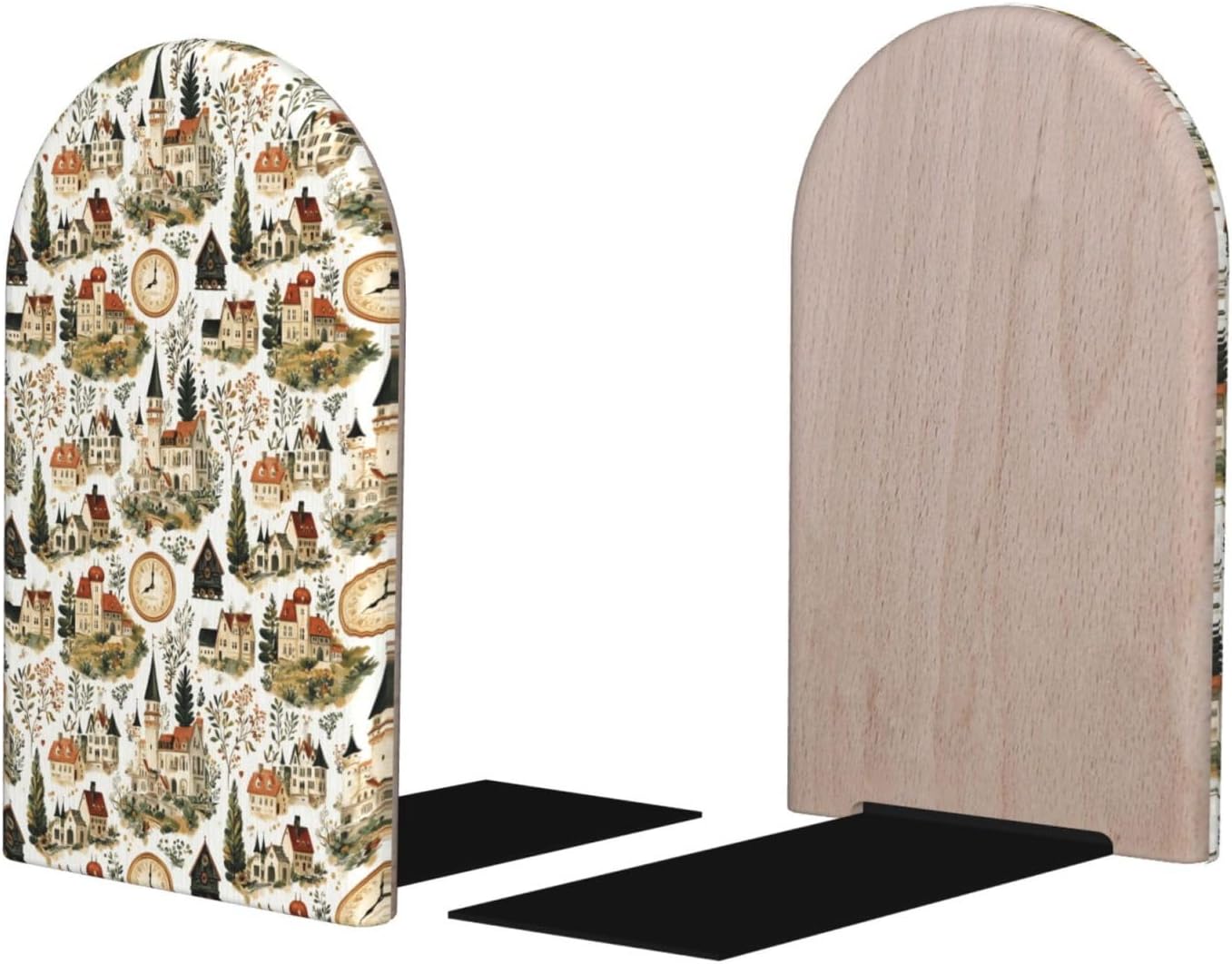 Book Ends for Shelves 1 Pair – Retro Village Print Wood with Metal Base Bookends for Heavy Books, Book Stand Organizer Holder for Books Movies Cds