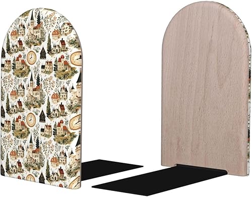 Miniatura 1 de Book Ends for Shelves 1 Pair - Retro Village Print Wood with Metal Base Bookends for Heavy Books, Book Stand Organizer Holder for Books Movies Cds