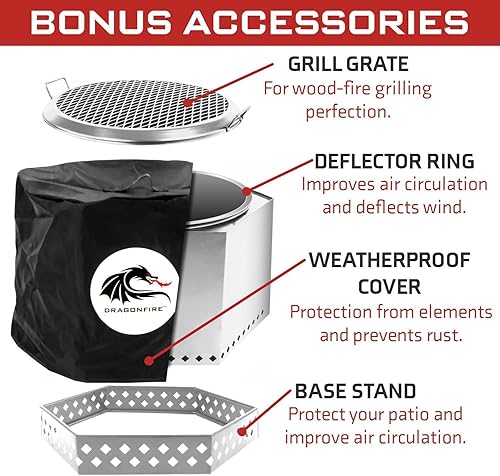 Miniatura 4 de Dragonfire Chimenea sin humo, accesorios incluidos rejilla de parrilla, soporte base y cubierta resistente a la intemperie. Hoguera grande para