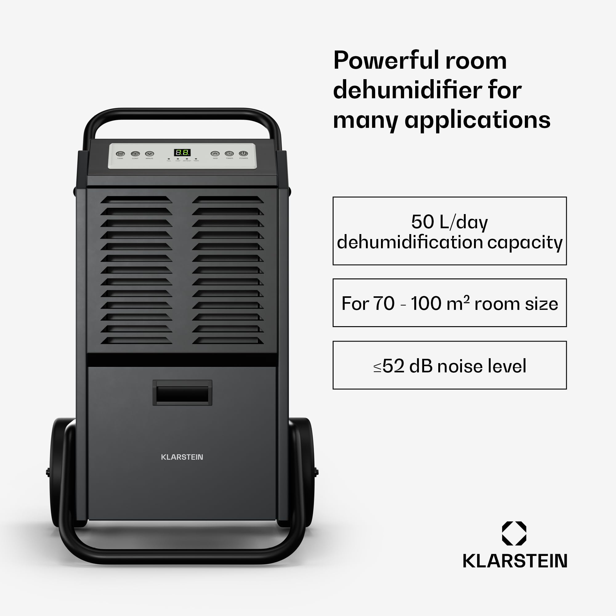 Klarstein DuraDry 50L Osuszacz powietrza - Elektryczny, 52 dB, Zbiornik 5,5 L, Automatyczne odszranianie, Filtr do mycia, Timer 24h, Do piwnicy i dużych pomieszczeń do 80 m², Antracytowy