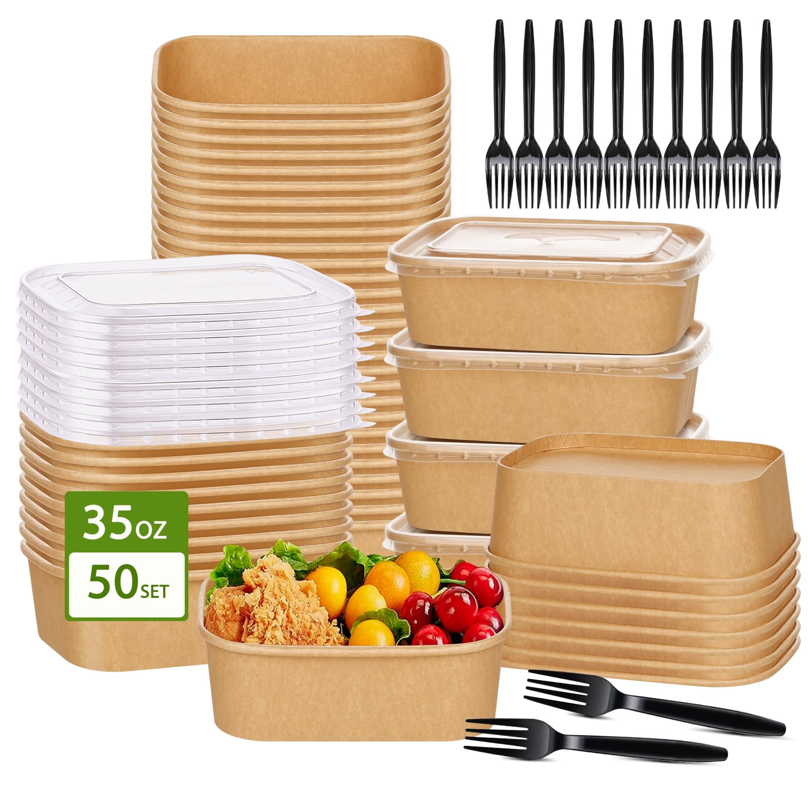 50-Pack 35oz Disposable Kraft Paper Bowls【with Lids and Forks】, Large Meal Prep Containers To Go Food Prep Containers, Leakproof Paper Bowls Treat Soup Serving Bowl, Microwave Safe for Hot/Cold Food