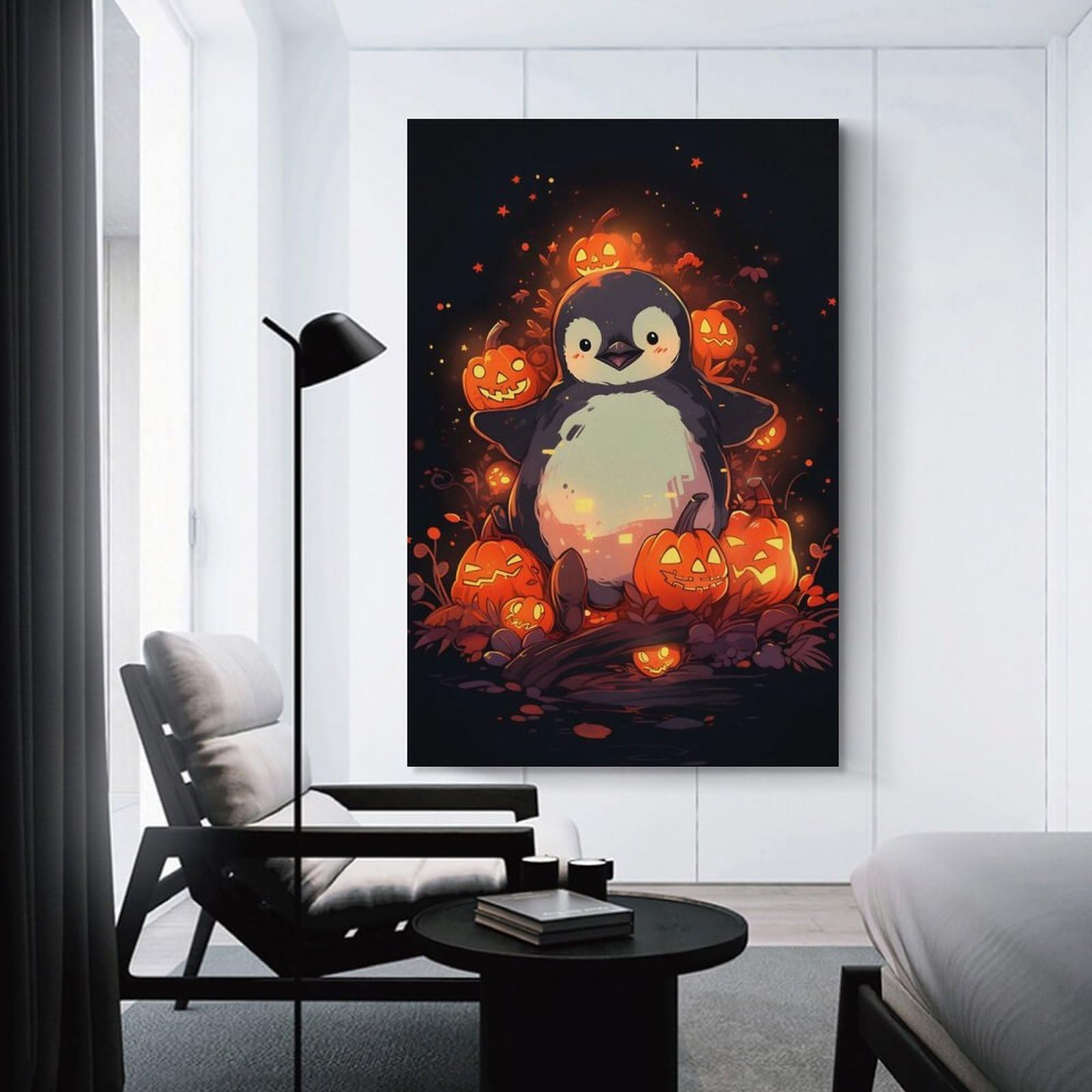 Junmoney Penguin in A Pumpkin Patch Wall Decor Canvas Print 24x36inch(60x90cm), for Lounge, Study, Hallway Or Flat Walls, Decorative Artwork with Broad Appeal