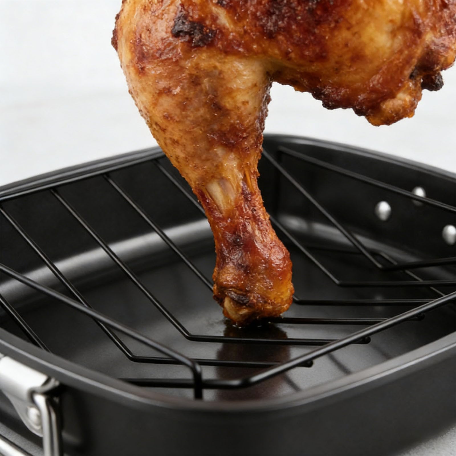 Sartén para asar pavo de 17 pulgadas incluye estante en forma de V de acero al carbono, bandeja para hornear para Acción de Gracias, Navidad, apto para horno