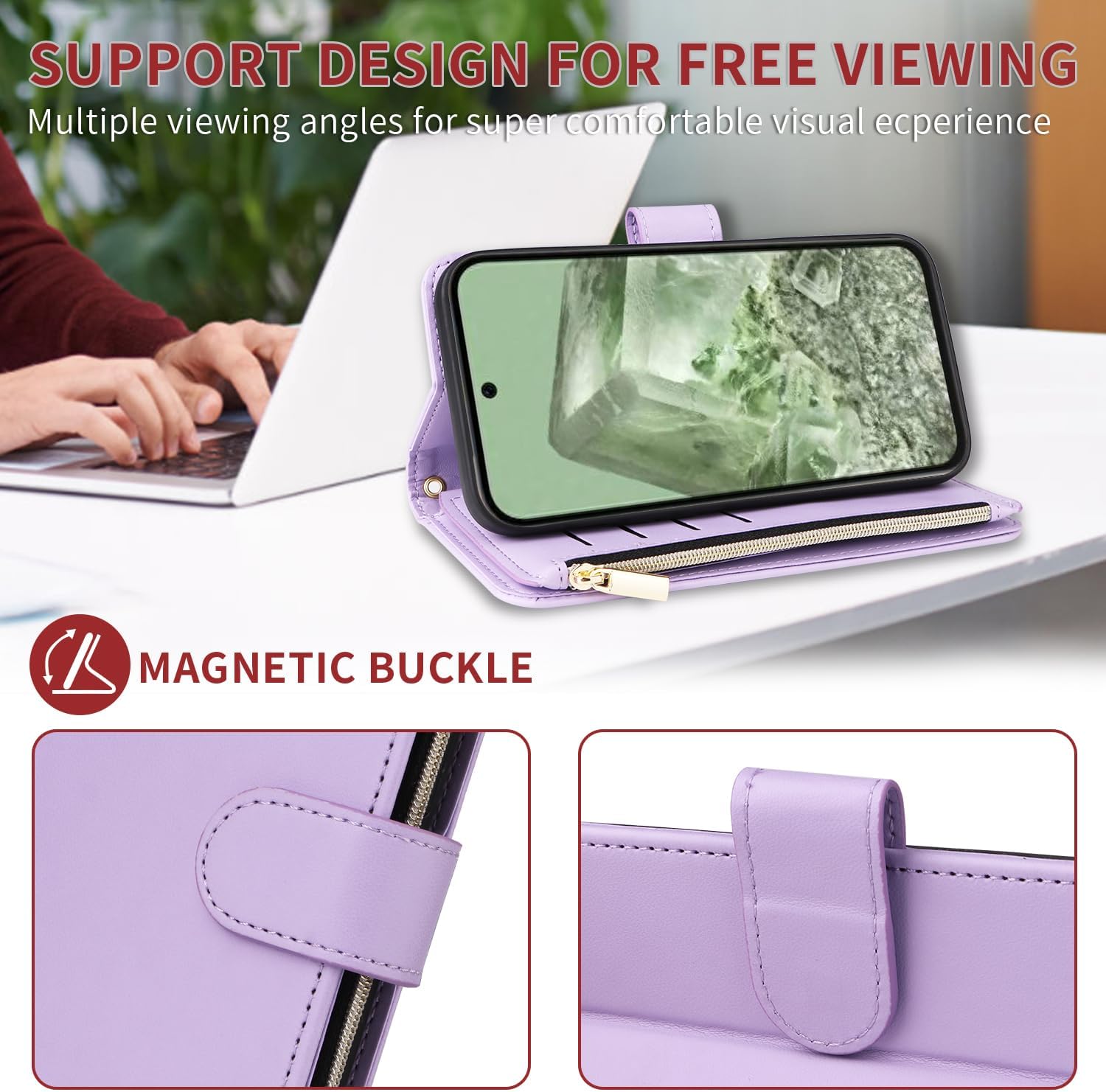 Wallet Case for Google Pixel 6A 5G 2022 with Wrist Strap Crossbody Shoulder Strap Zipper Flip Purse Card Holder Slots Protector Stand Cell Accessories Phone Cover Pixel6A A6 Girls Women Purple