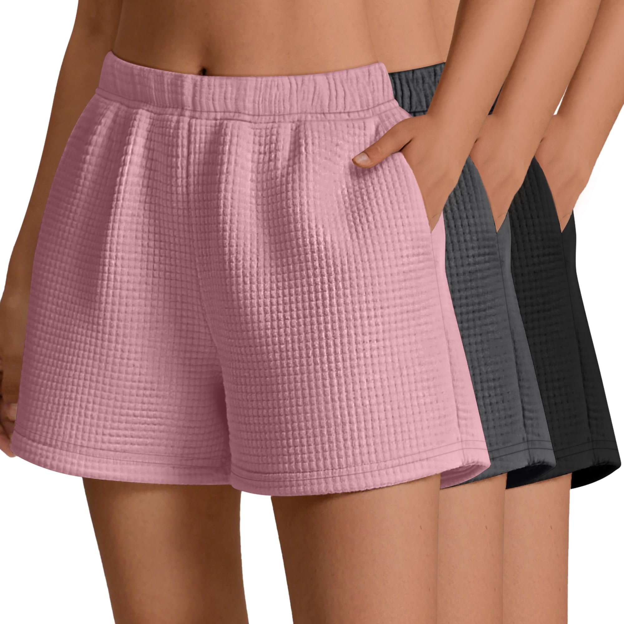 Ficerd 3 Pack Women's Sweat Shorts Waffle Knit Elastic High Waisted Lounge Summer Casual Comfy Outfit with Pockets