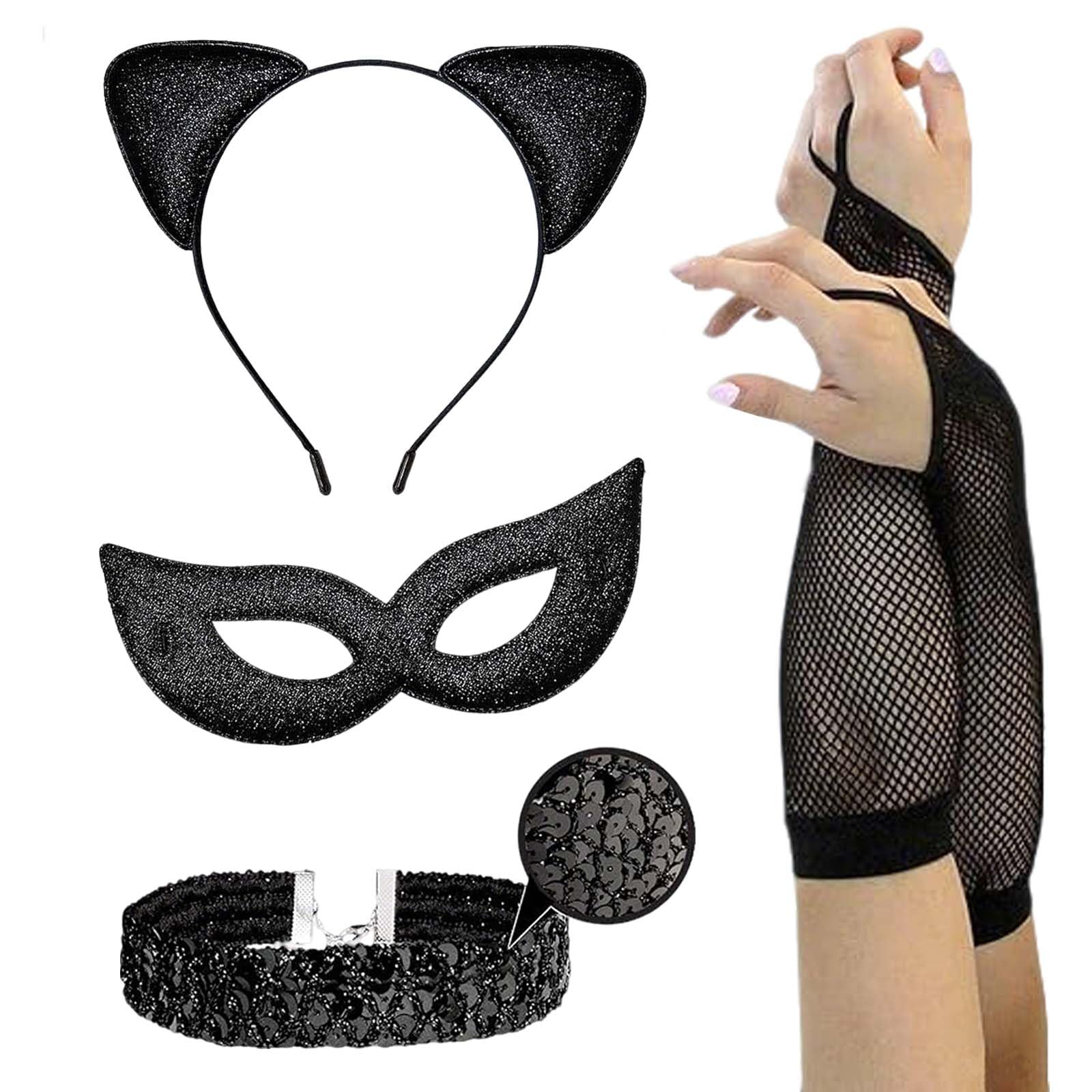 ALUNME Women's Halloween Black Cat Cosplay Accessory Set: Cat Ears + Mask + Sequined Collar Choker + Lace Fishnet Arm Sleeves/Gloves