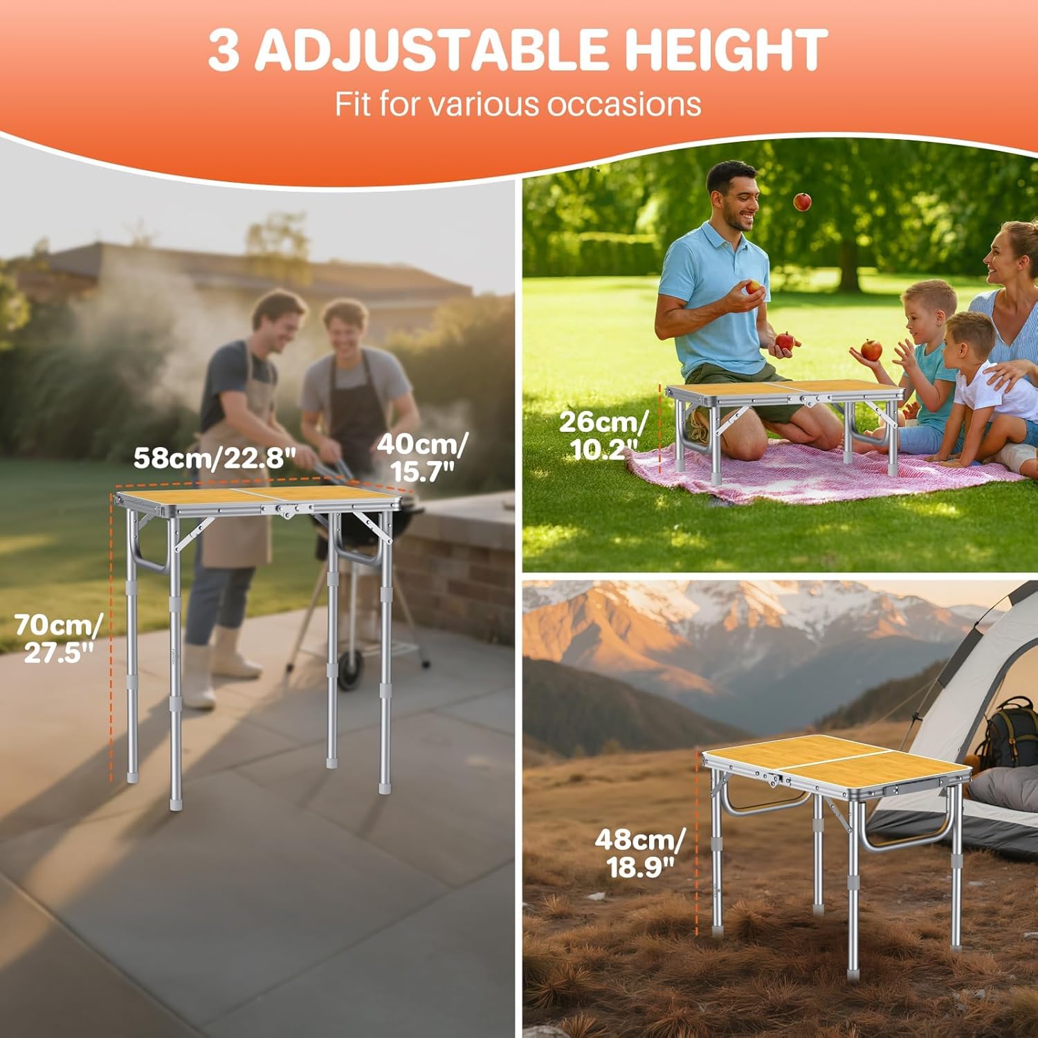 FUNYKICH 2ft Small Folding Camping Table, 3 Height Adjustable Portable Picnic Table, Lightweight Aluminum Outdoor Tables with Carry Handle for Camping, Picnic, BBQ, 58x40cm(L22.8 xW15.7)