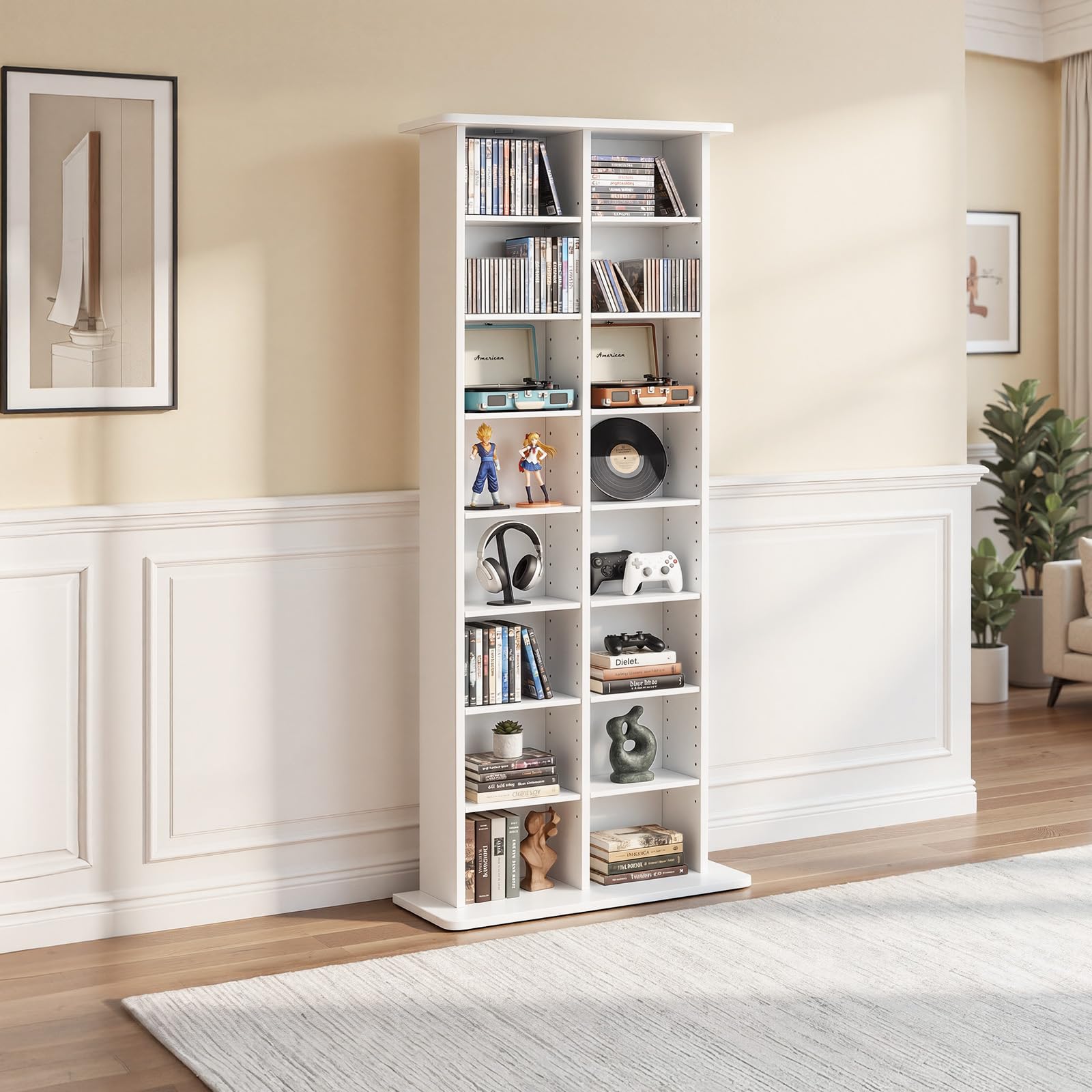 VEVOR Medienregal, 8-lagiges CD-Regal, 559x222x1295 mm, Multimedia- Aufbewahrung für CDs, DVDs, Bücher & Spiele, Raumteiler Schrank mit 16 Fächern für Wohnzimmer, Homeoffice, Aufnahmeraum, Weiß Elektronik & Foto