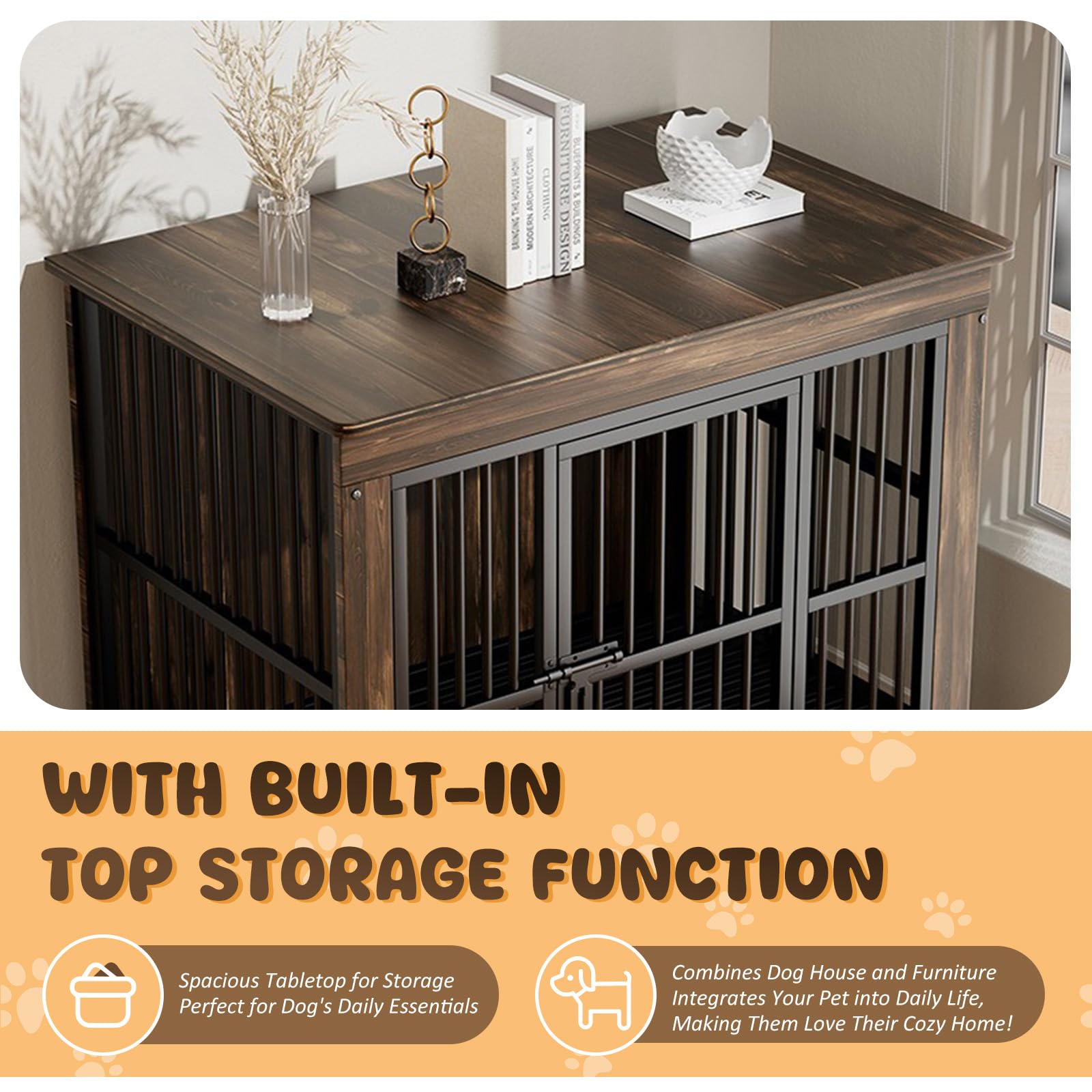 Jaula de Madera para Perros con Bandeja Extraíble y Ruedas | Diseño tipo mueble, Techo resistente, Marrón, 80 × 52 × 77 cm, Tamaño S