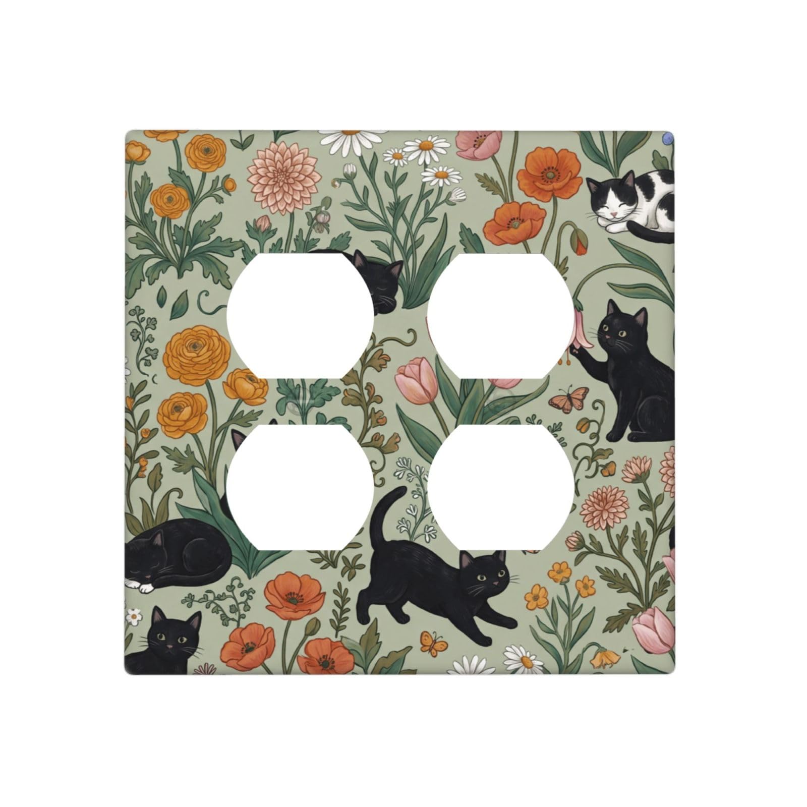 DWBGUO Decorative Outlet Covers Vintage Botanical Wildflower Cat 2 Gang Light Switch Cover Plate Double Duplex Wall Plates for Electrical Outlets Switch Plate Covers for Home Bedroom Decor