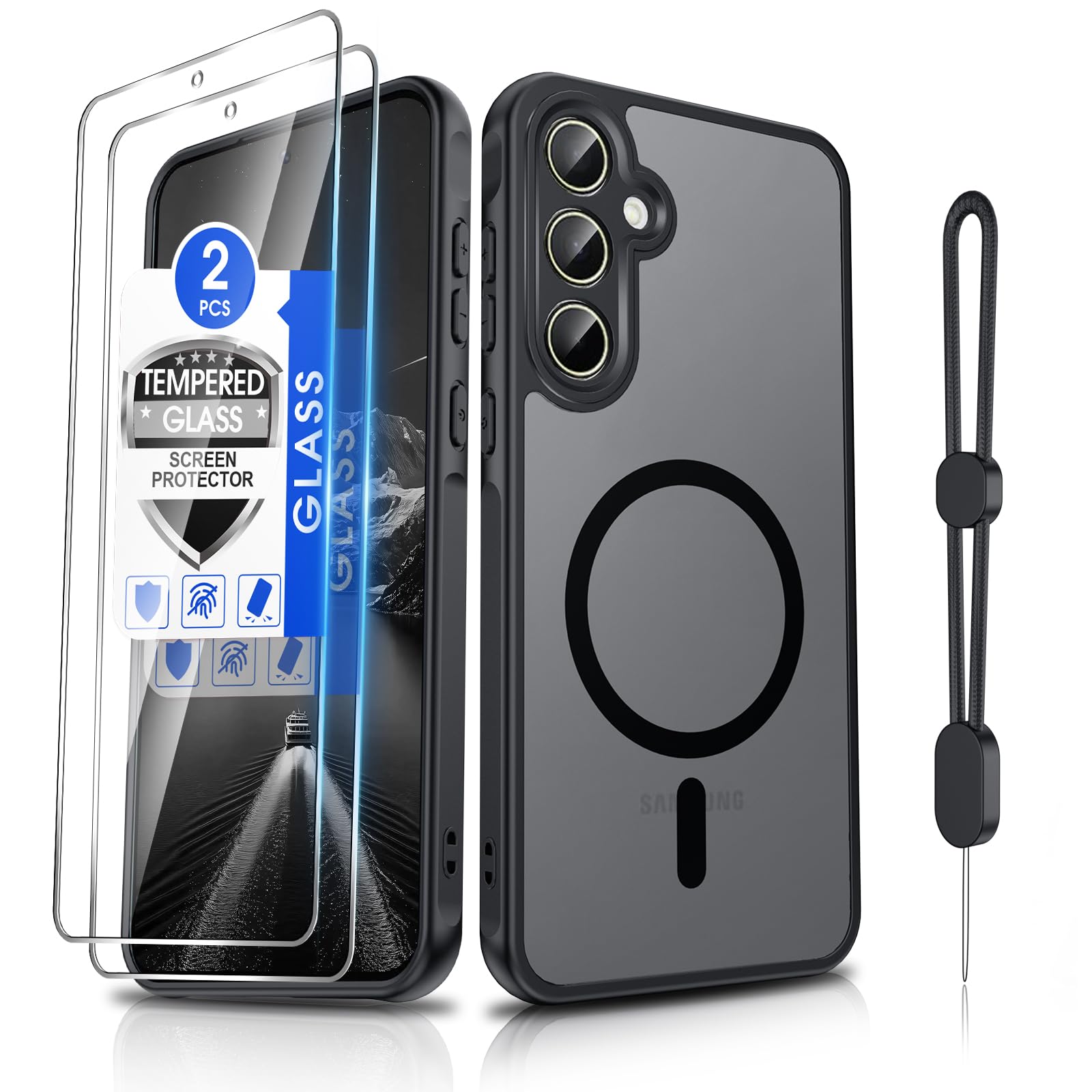 Dizn Magnetic for Samsung Galaxy A35 5G Phone Case with 2Screen Protector &amp; Phone Strap,Fit for MagSafe,Camera Bumper Protection,Shockproof,Magnetic Thin Translucent,Cover for SamsungGalaxy A 35,Black
