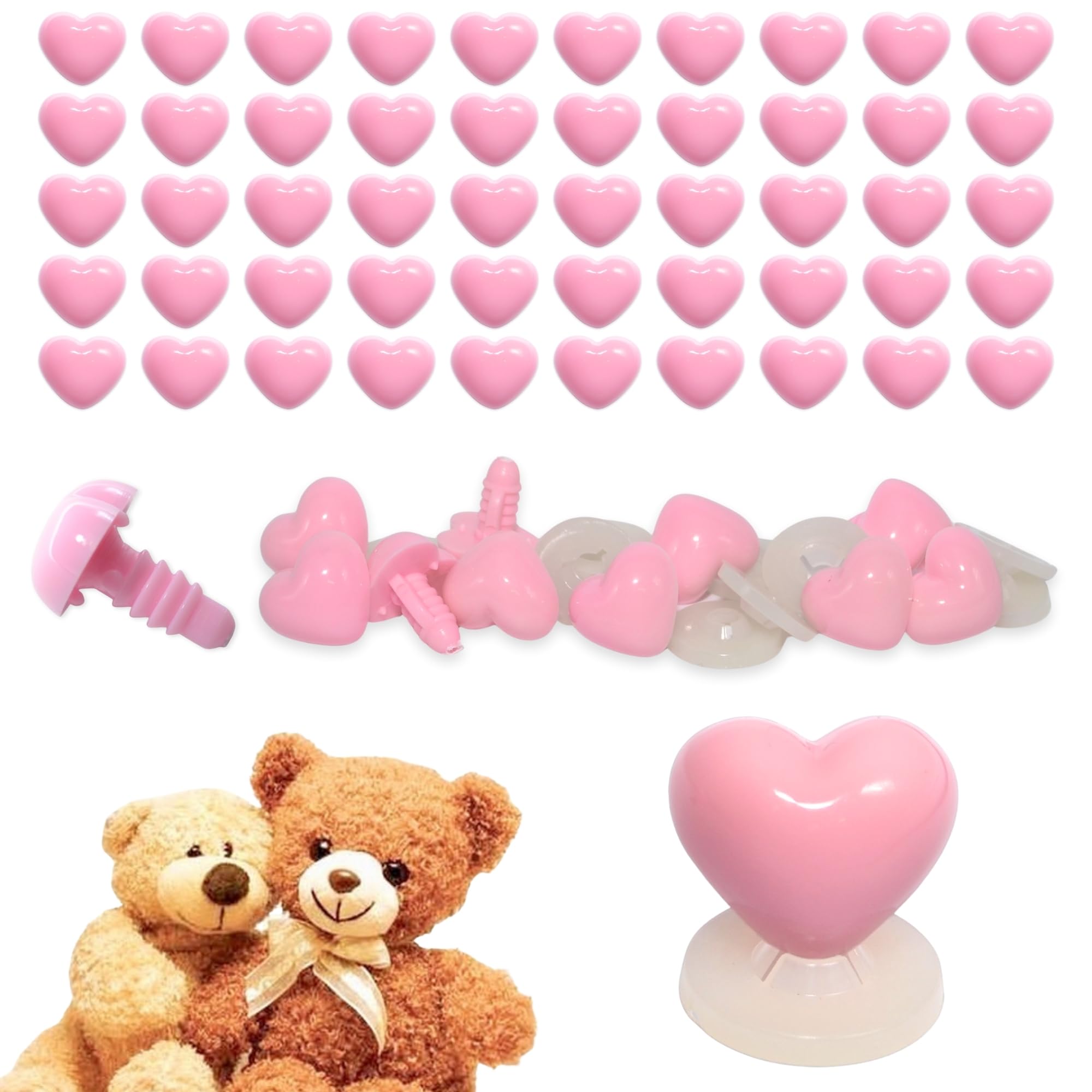 celloexpress 21mm x 18mm Baby Pink Heart Noses with Plastic Backs - Safety Noses for Soft Toy Teddy Bear Animal Making (Pack of 50) — image 1