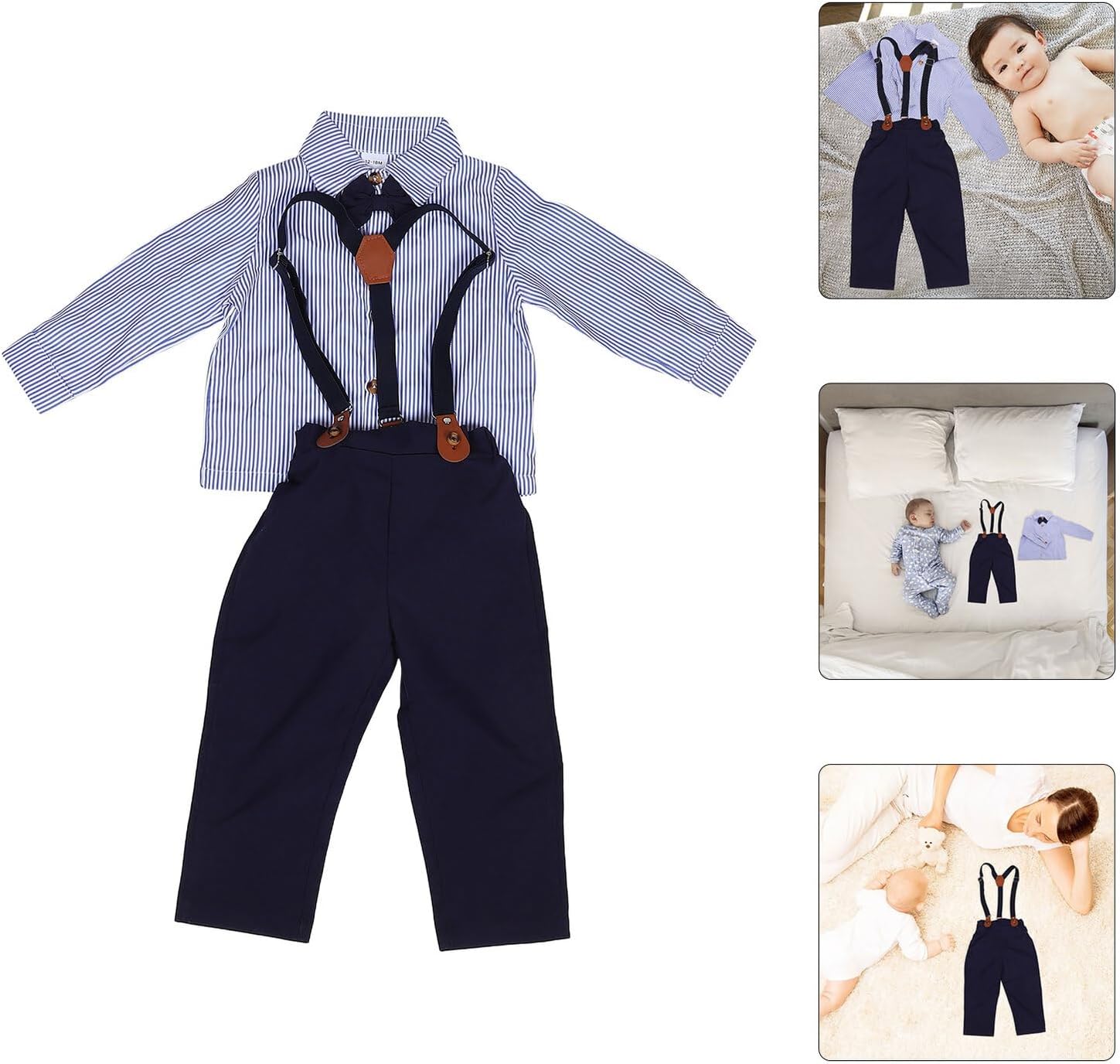 Boys’ Long Sleeve Shirt and Overalls Set, British Gentleman Style, Pure Cotton, Bowtie Suspender Outfit for 12-18 Months, Formal Fit Suit for Little Boys