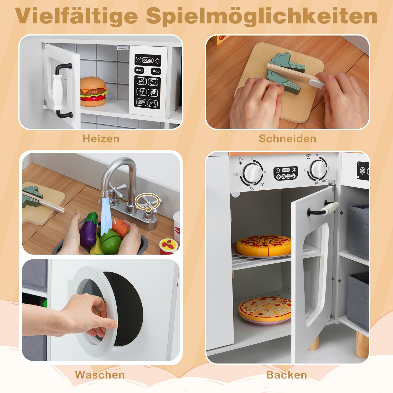 COSTWAY Kinderküche, Eck-Spielküche inkl. 12 Zubehör & Stoffkörben, Holzküche mit Doppeltür-Kühlschrank, Kaffeemaschine & Waschmaschine, Spielzeugküche mit Licht & Sound für Kinder ab 3 Jahren (Weiß)