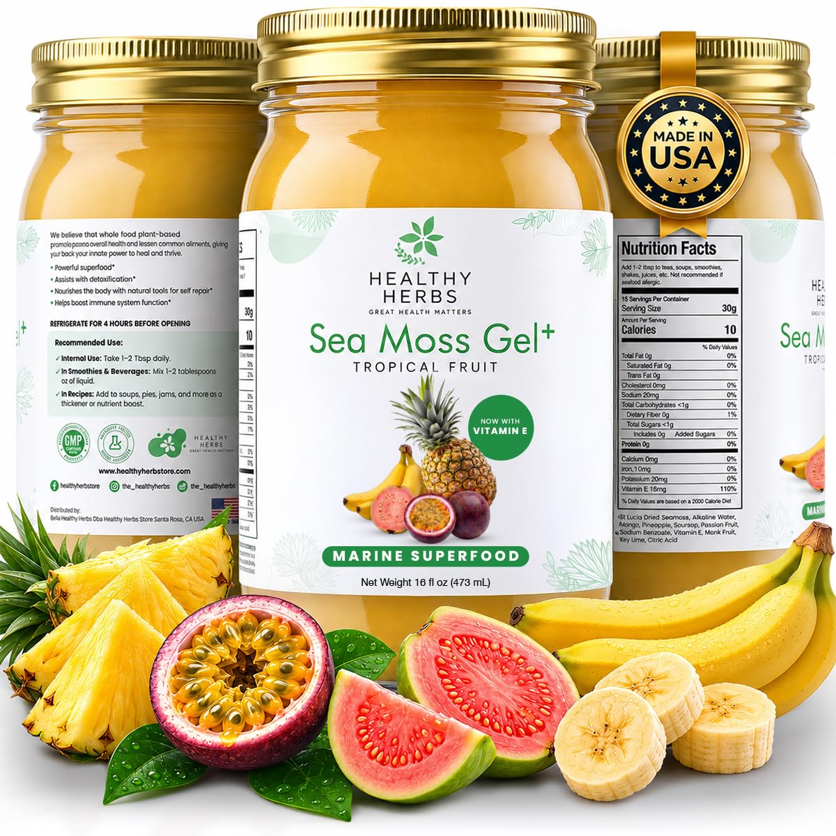 Healthy Herbs Sea Moss Gel (Tropical) Wildcrafted from Jamaican St Lucia Gold Seamoss | Wild-Harvested Superfood With Over 90 Essential Vitamins & Minerals | Vegan, Non-GMO, US-Made (16 oz.)