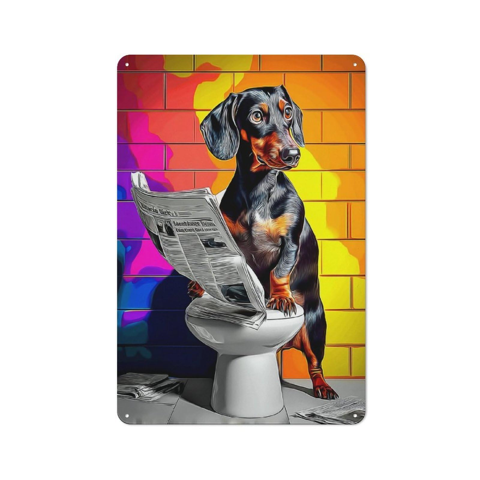 Junmoney Dog Reading Newspaper On Toilet -5 Rustic Tin Sign 30X20cm For Lounge Or Reading Corner, For Vintage Wall Decor Fans, For Garage And Workshop Walls